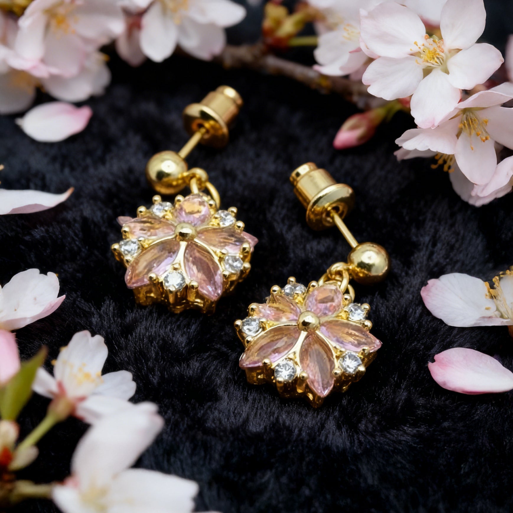 “Éclat” Blush Sakura Drop Earrings — 18K Gold‑Plated, Pink Cubic Zirconia