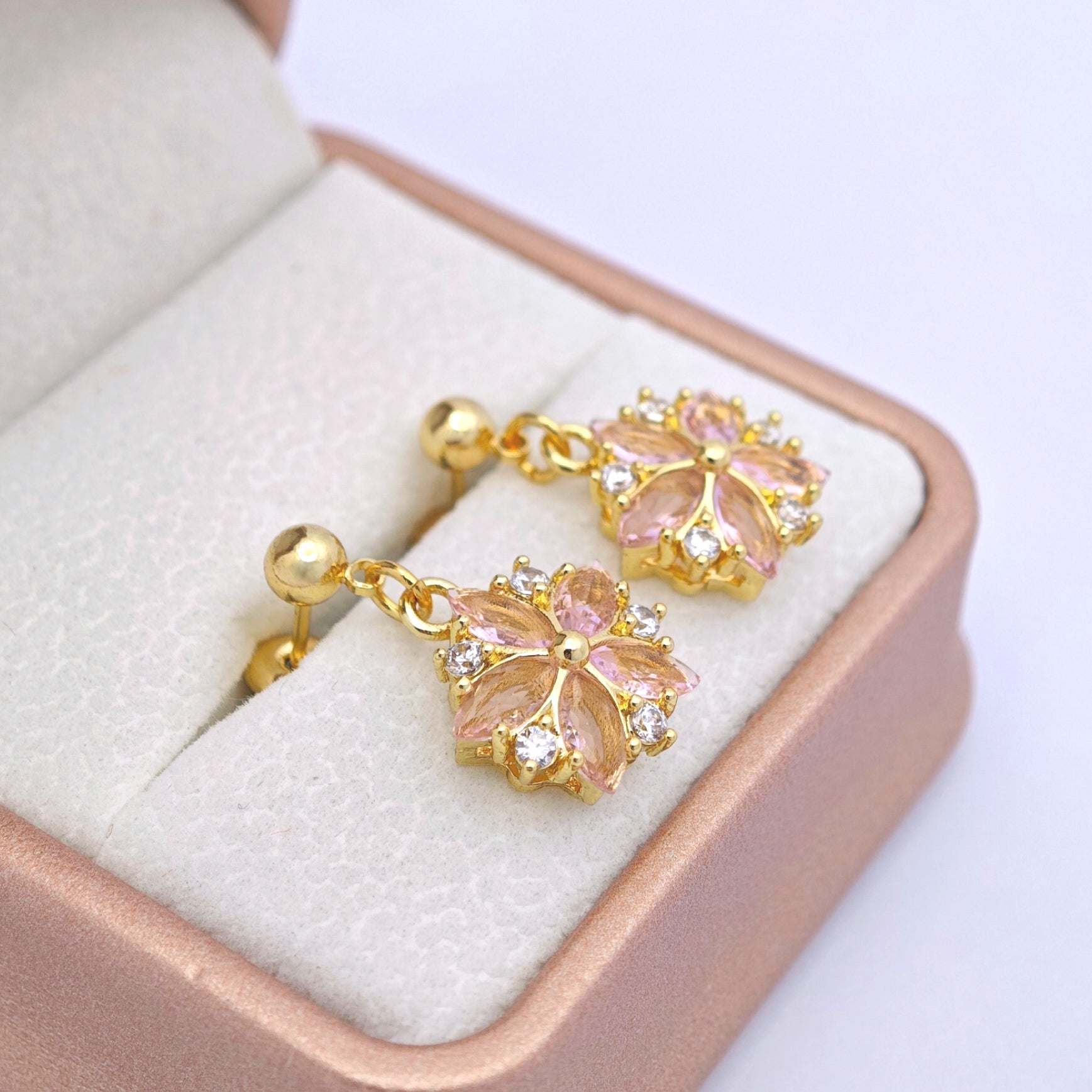 “Éclat” Blush Sakura Drop Earrings — 18K Gold‑Plated, Pink Cubic Zirconia