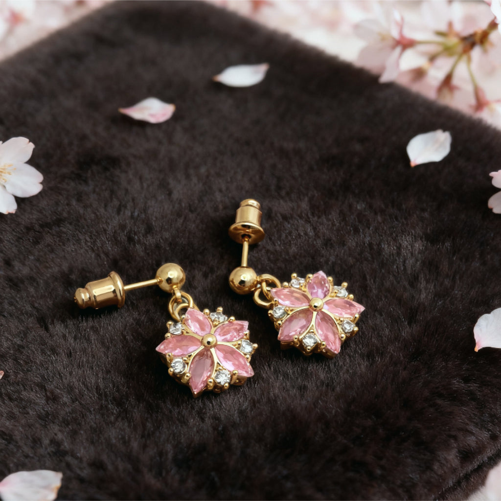 “Éclat” Blush Sakura Drop Earrings — 18K Gold‑Plated, Pink Cubic Zirconia
