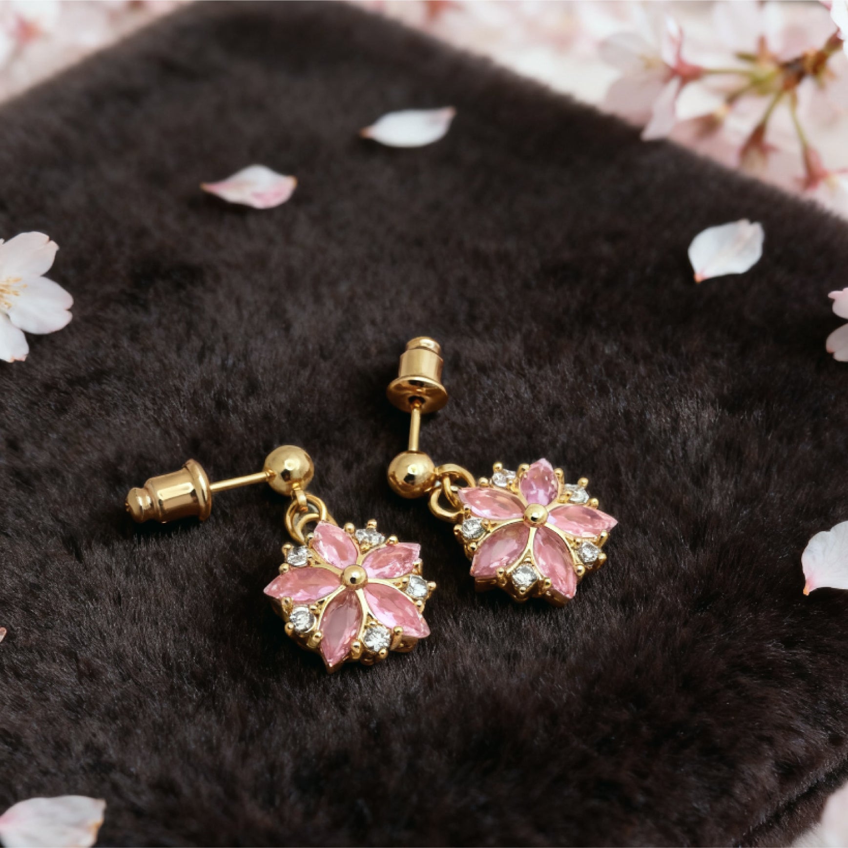 “Éclat” Blush Sakura Drop Earrings — 18K Gold‑Plated, Pink Cubic Zirconia