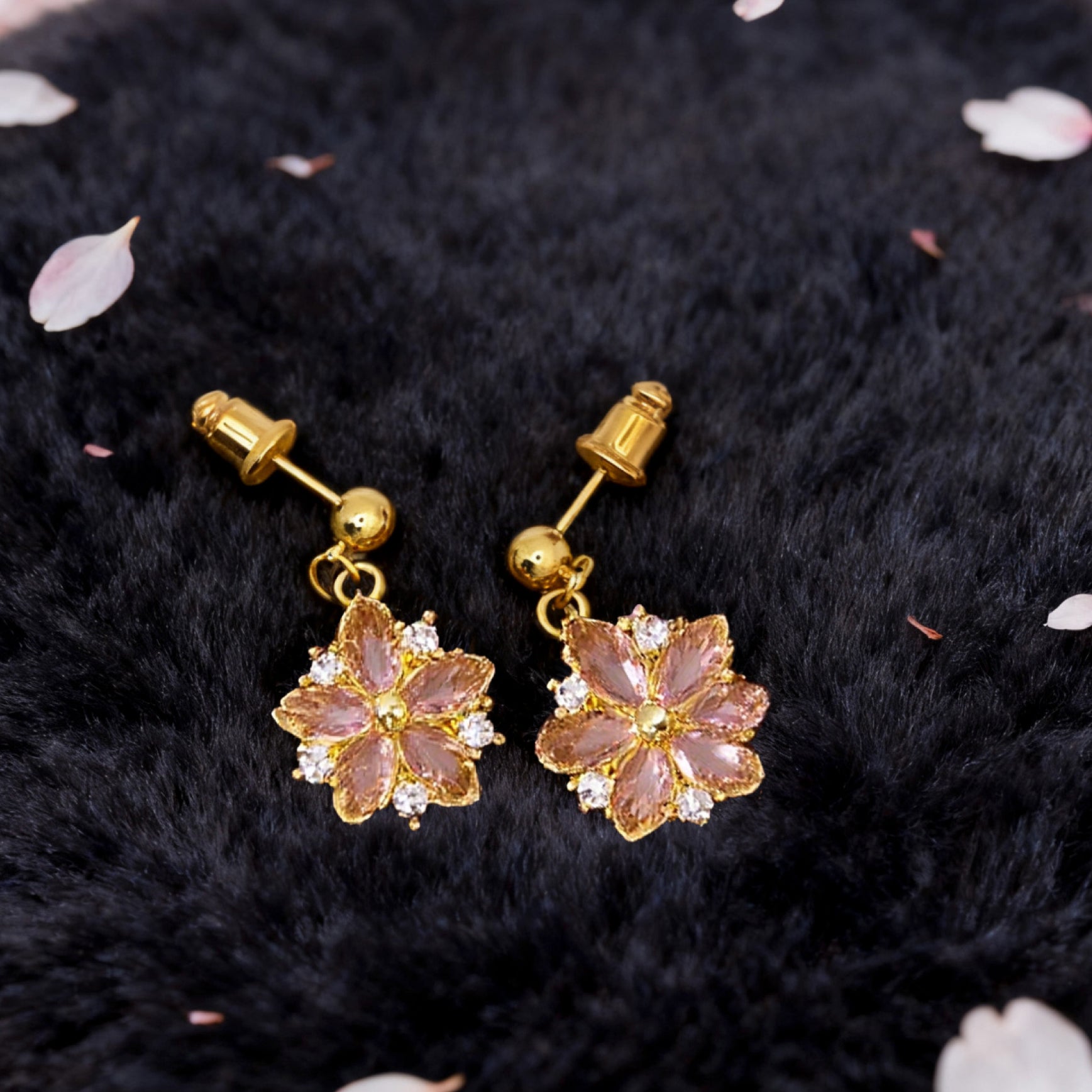 “Éclat” Blush Sakura Drop Earrings — 18K Gold‑Plated, Pink Cubic Zirconia