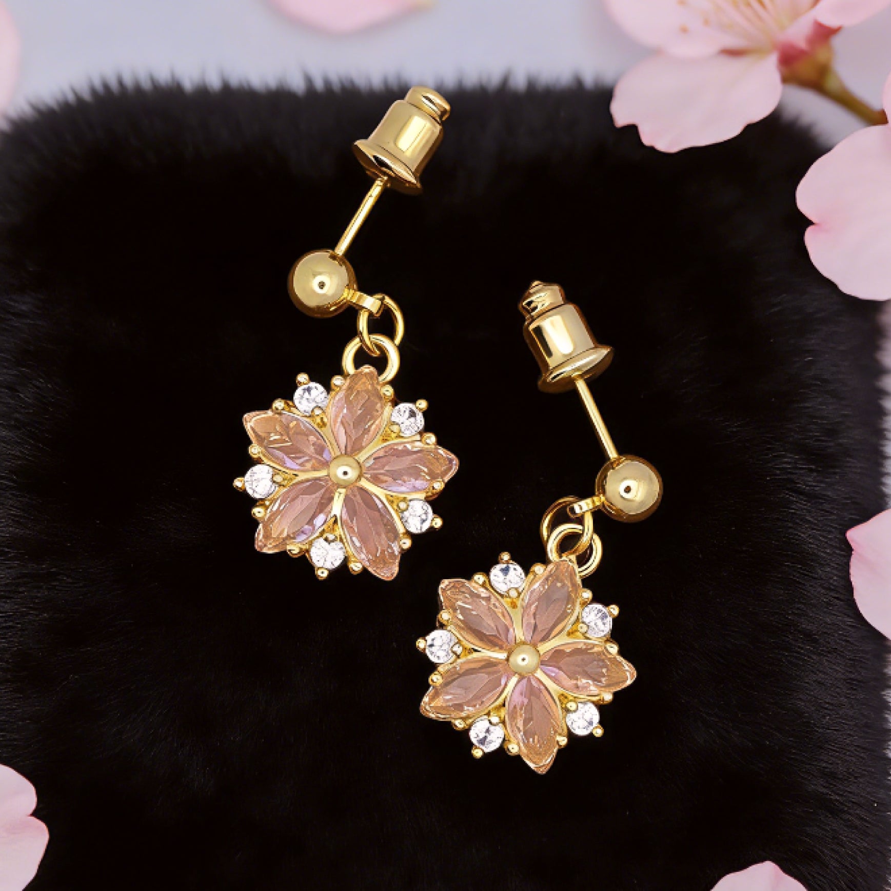 “Éclat” Blush Sakura Drop Earrings — 18K Gold‑Plated, Pink Cubic Zirconia