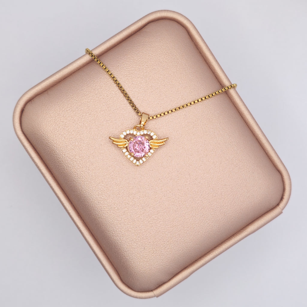 “Étreinte” Angel Heart Pendant Necklace — 18K Gold‑Plated, Pink Diamond‑Style