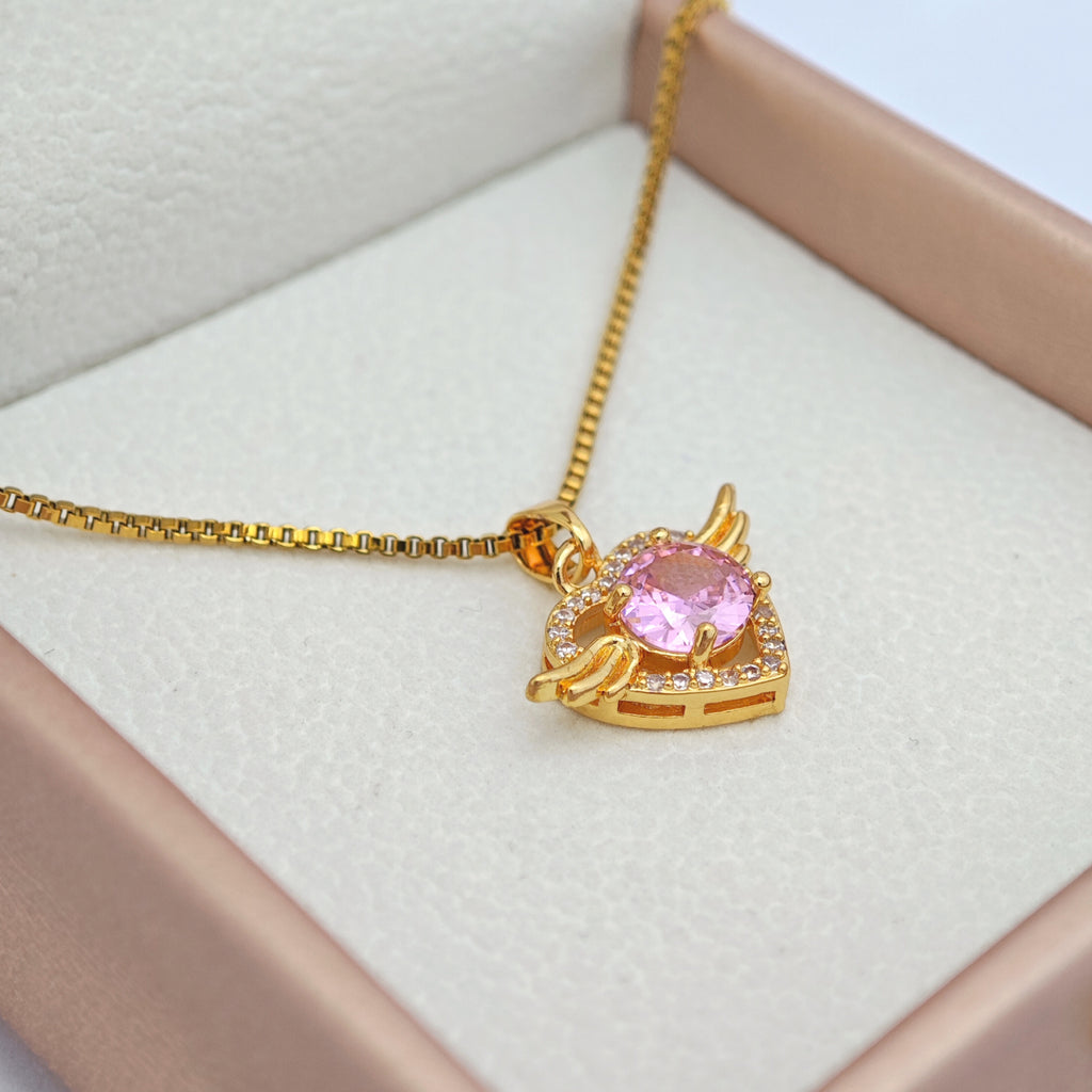 “Étreinte” Angel Heart Pendant Necklace — 18K Gold‑Plated, Pink Diamond‑Style