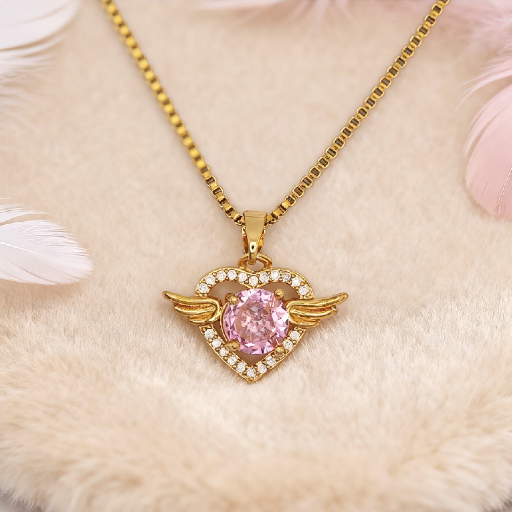 “Étreinte” Angel Heart Pendant Necklace — 18K Gold‑Plated, Pink Diamond‑Style