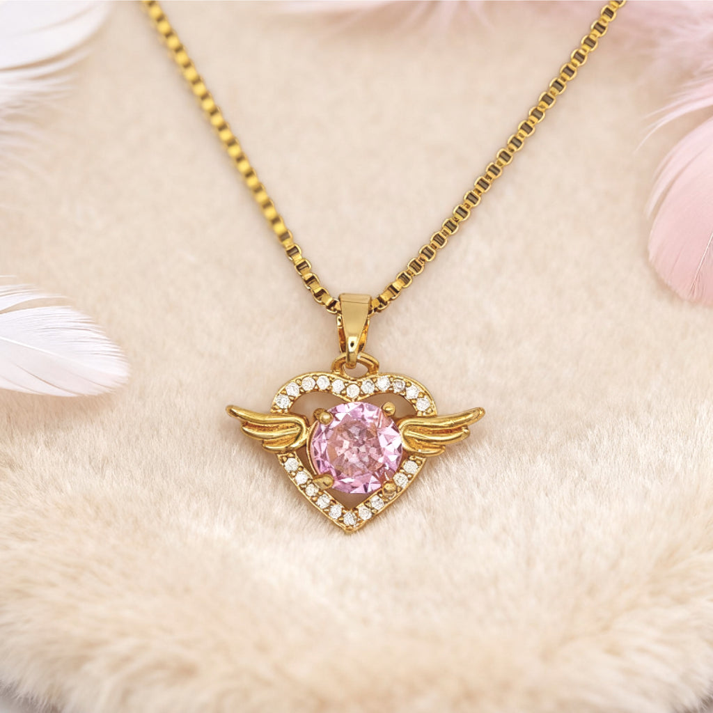 Collier pendentif Cœur d'ange « Étreinte » — Plaqué or 18 carats, style diamant rose
