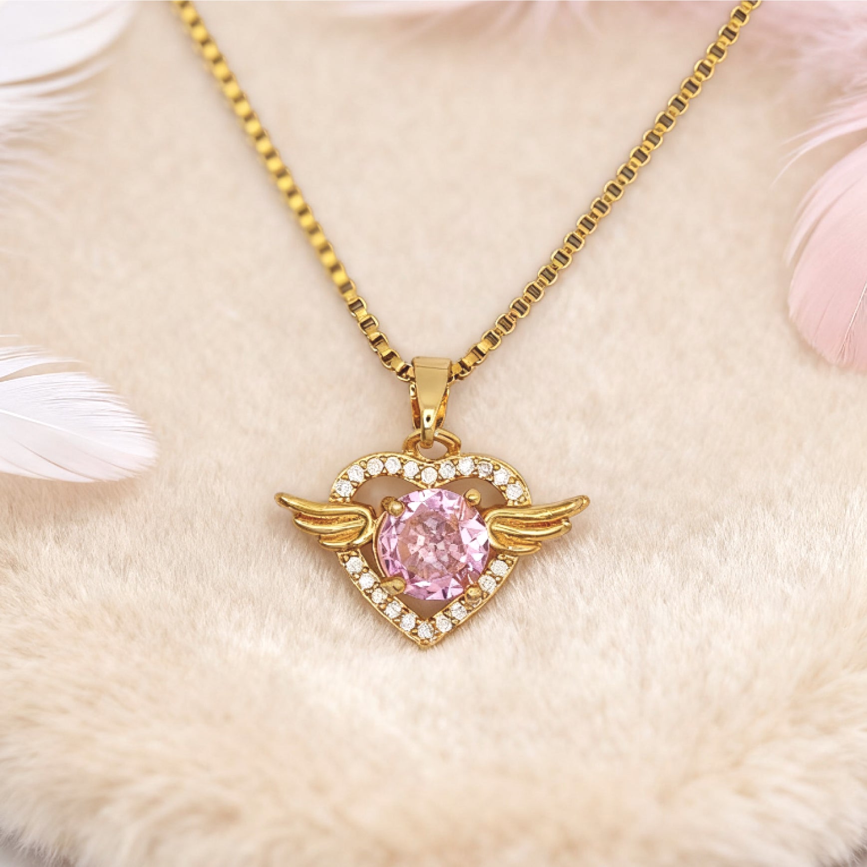 “Étreinte” Angel Heart Pendant Necklace — 18K Gold‑Plated, Pink Diamond‑Style