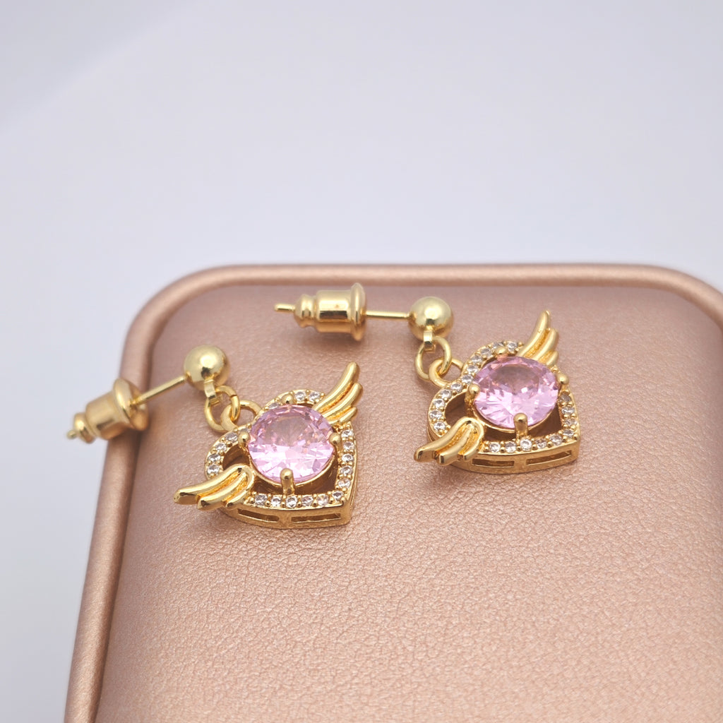 “Éclat” Angel Wing Heart Drop Earrings — 18K Gold‑Plated, Pink Diamond‑Style
