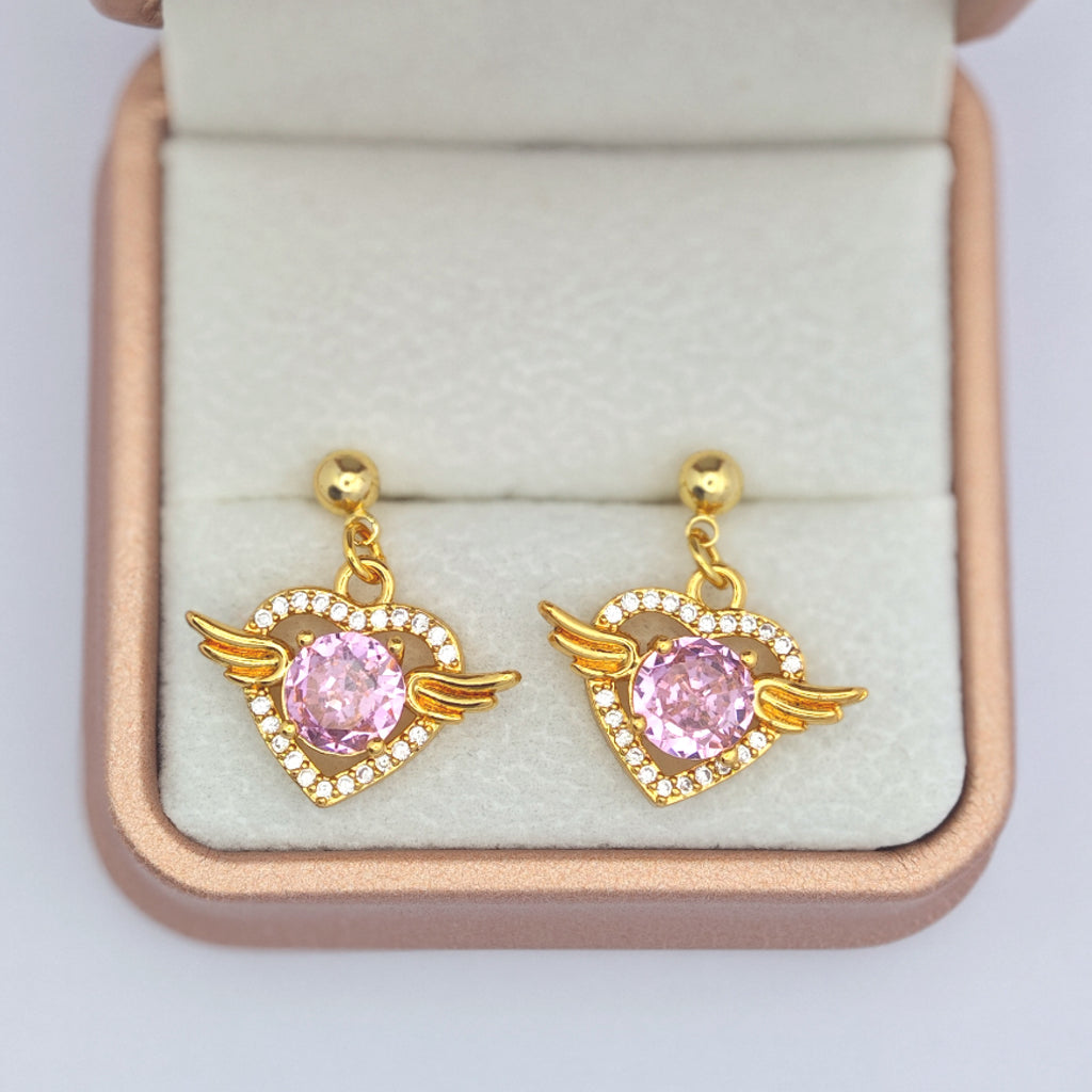 “Éclat” Angel Wing Heart Drop Earrings — 18K Gold‑Plated, Pink Diamond‑Style
