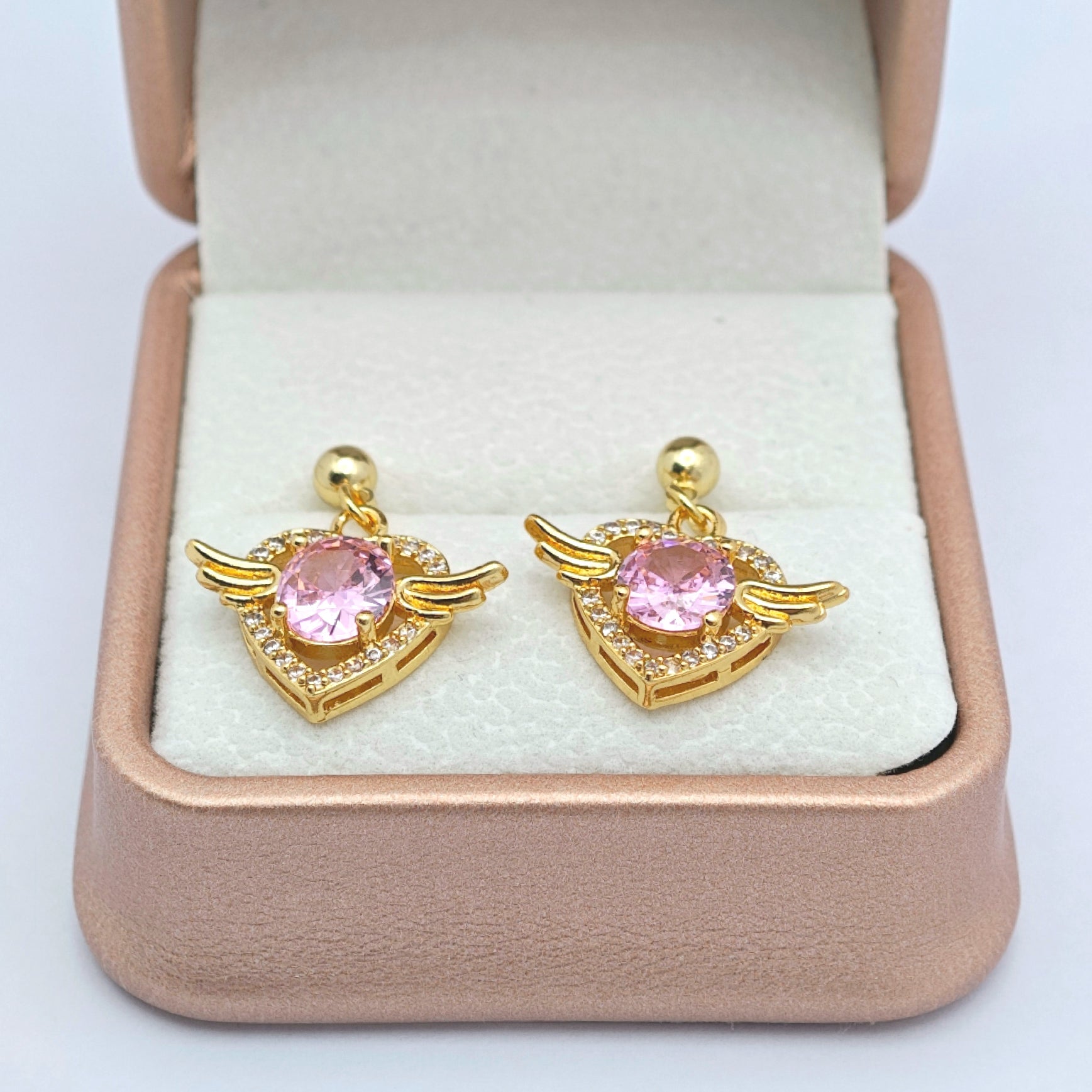 “Éclat” Angel Wing Heart Drop Earrings — 18K Gold‑Plated, Pink Diamond‑Style