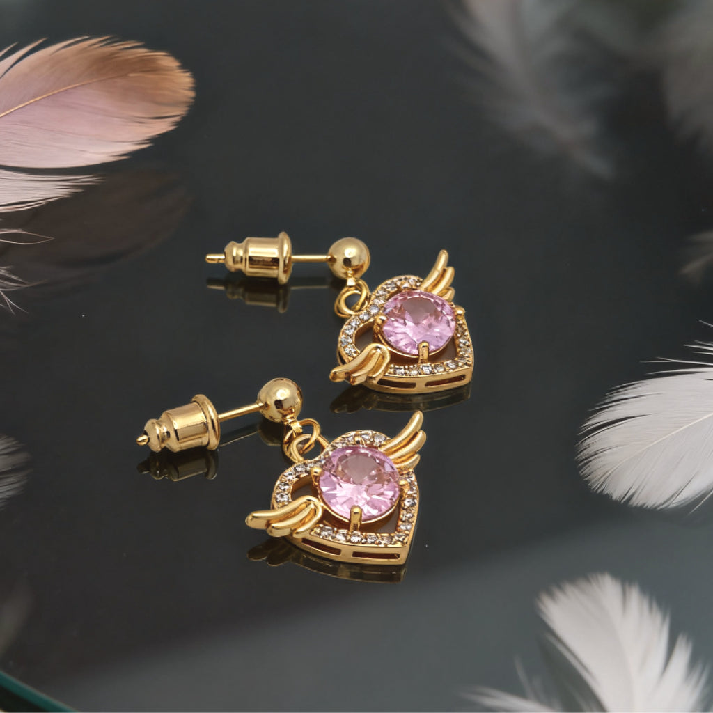Boucles d'oreilles pendantes cœur ailes d'ange « Éclat » — Plaqué or 18 carats, style diamant rose