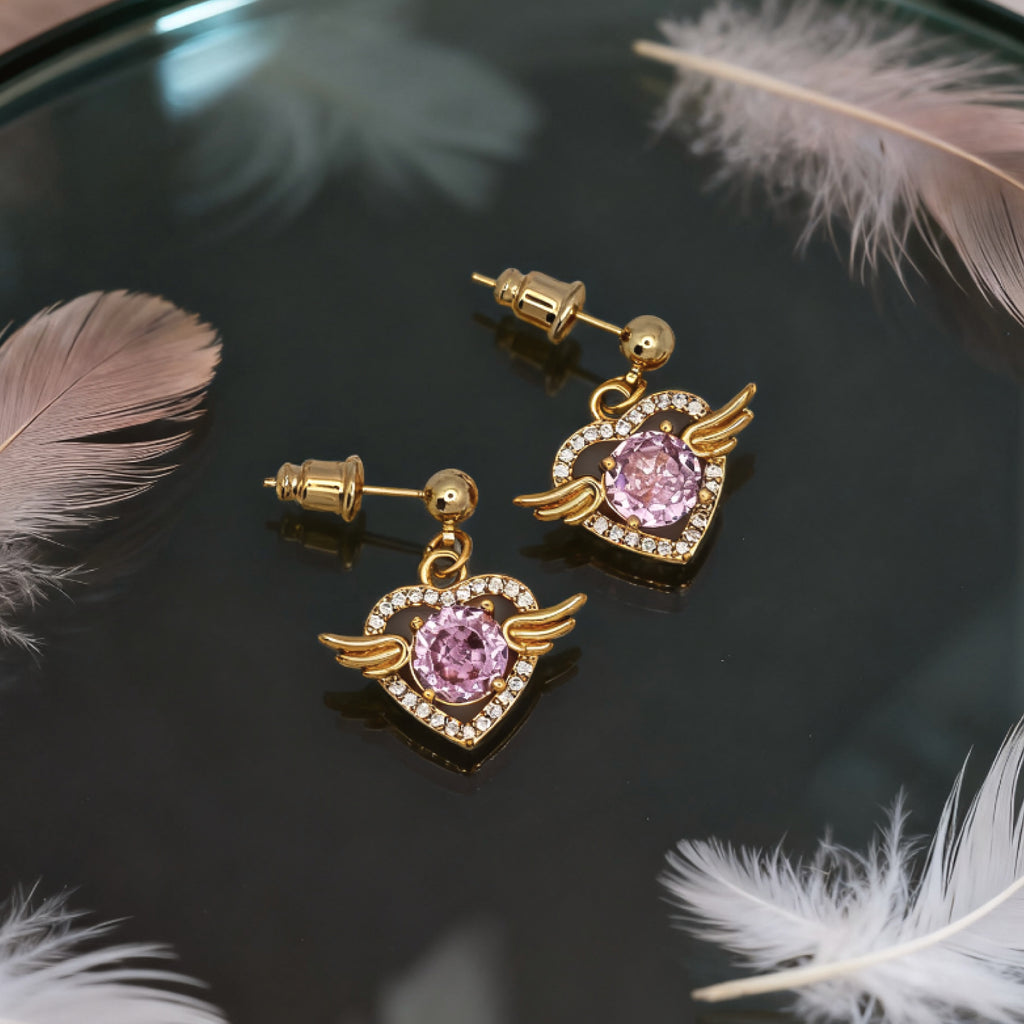 Boucles d'oreilles pendantes cœur ailes d'ange « Éclat » — Plaqué or 18 carats, style diamant rose