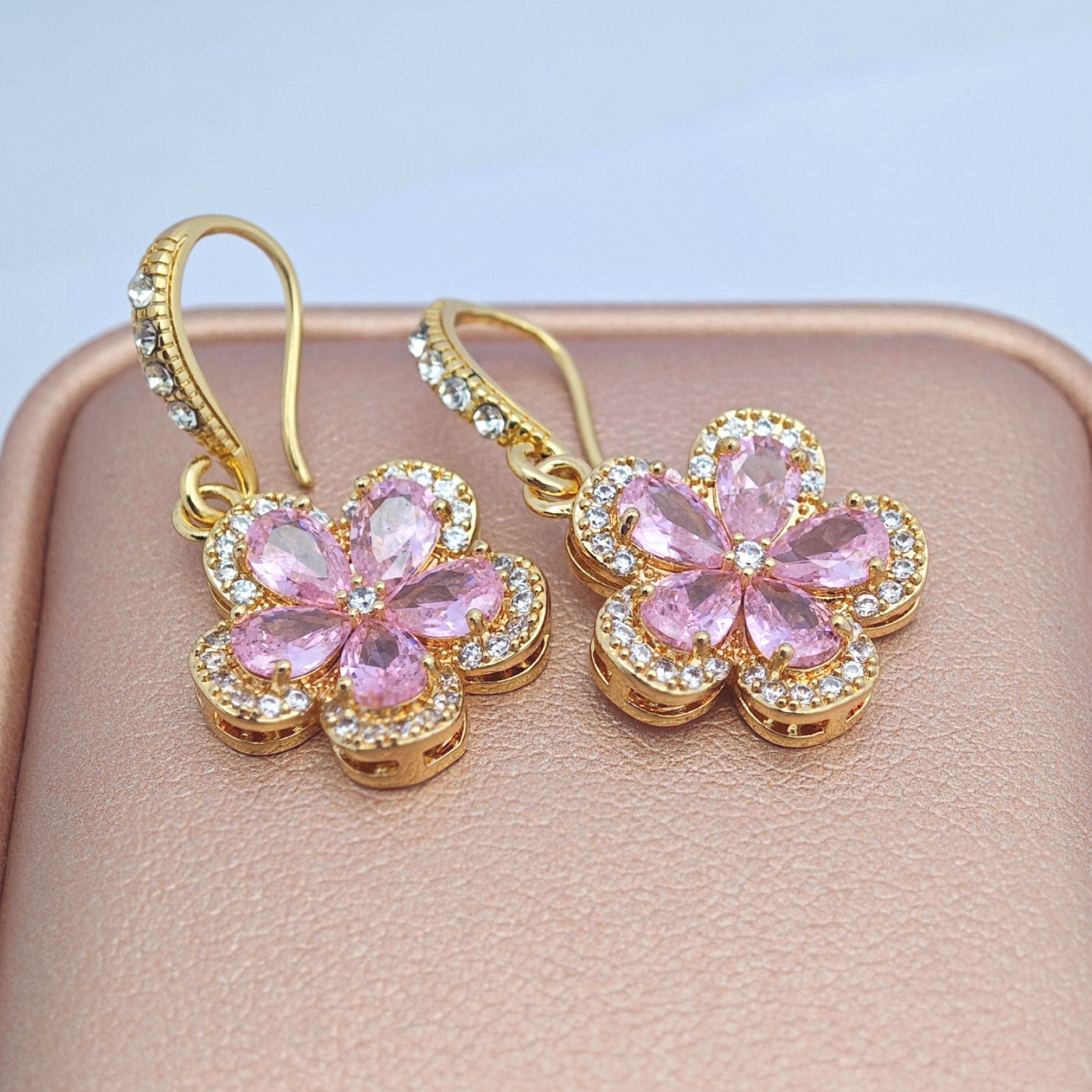 “Éclat” Petal Glow Sakura Hook Earrings — 18K Gold‑Plated, Pink Cubic Zirconia