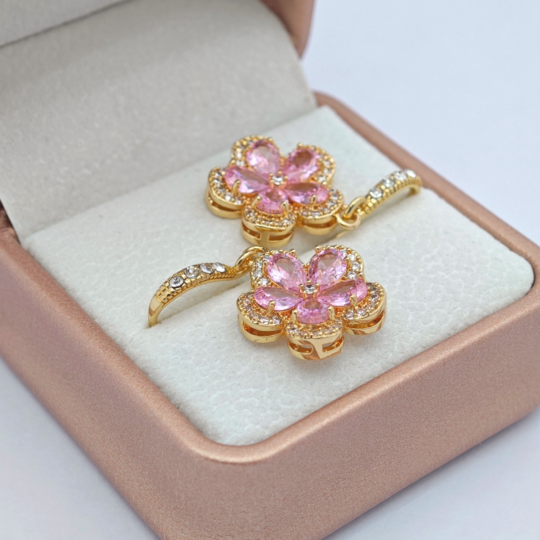 “Éclat” Petal Glow Sakura Hook Earrings — 18K Gold‑Plated, Pink Cubic Zirconia