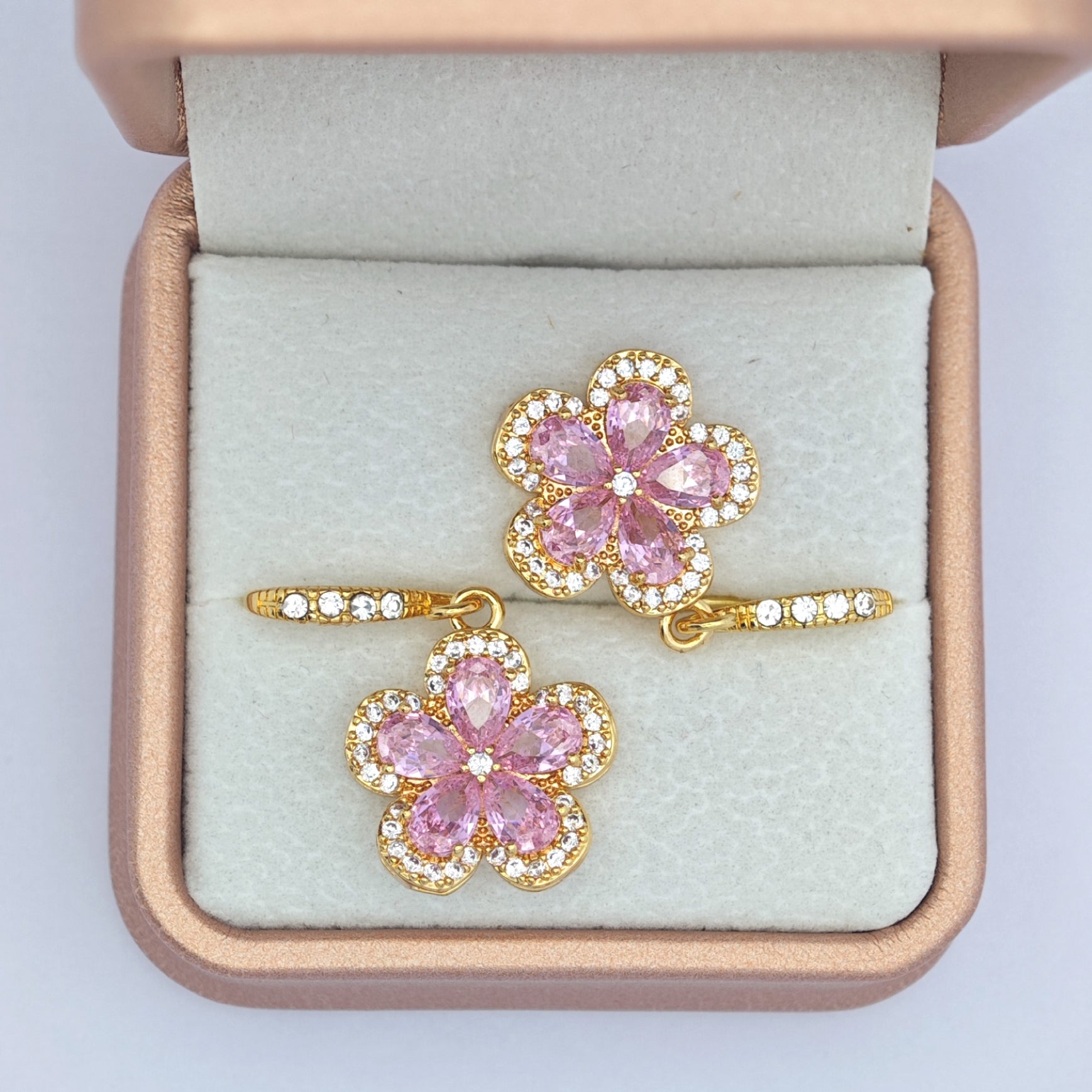 “Éclat” Petal Glow Sakura Hook Earrings — 18K Gold‑Plated, Pink Cubic Zirconia