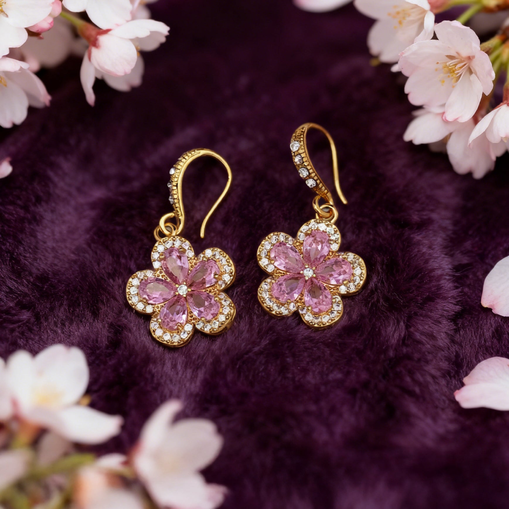 “Éclat” Petal Glow Sakura Hook Earrings — 18K Gold‑Plated, Pink Cubic Zirconia