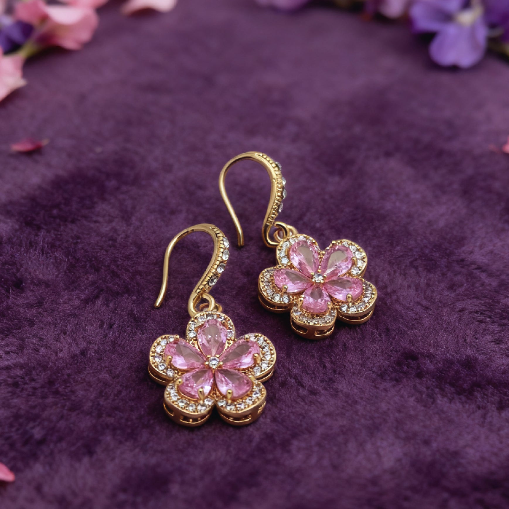 “Éclat” Petal Glow Sakura Hook Earrings — 18K Gold‑Plated, Pink Cubic Zirconia