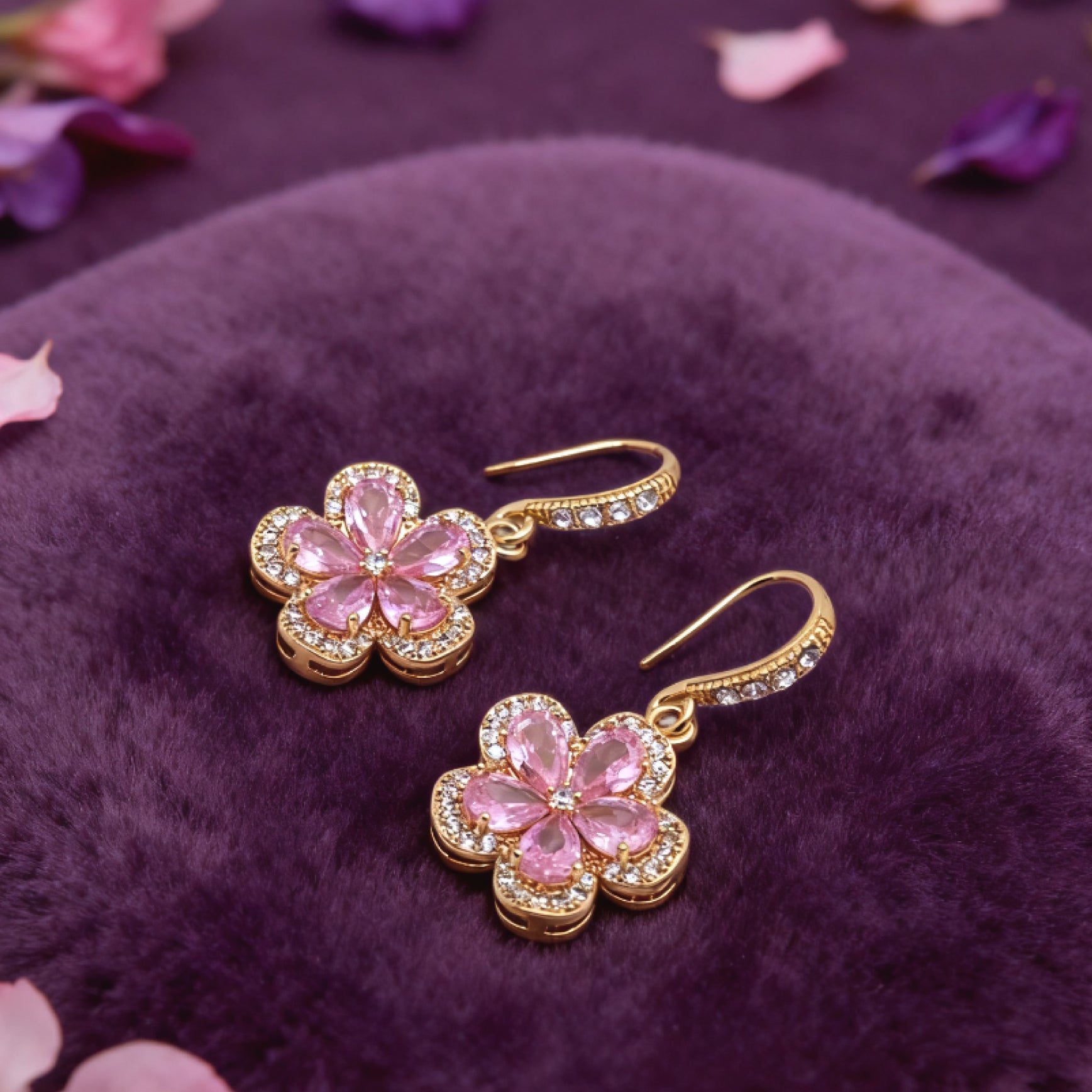 “Éclat” Petal Glow Sakura Hook Earrings — 18K Gold‑Plated, Pink Cubic Zirconia