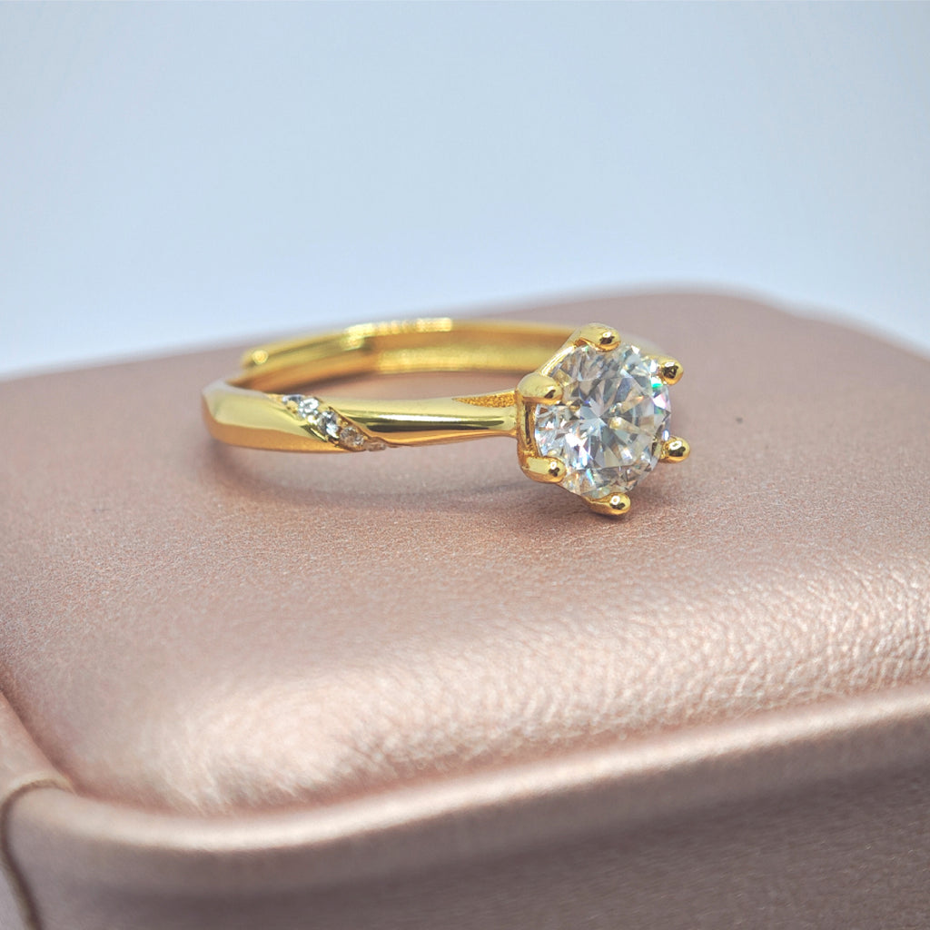 "Toujours" Aurora Six‑Prong Solitaire Ring — 18K Gold‑Plated Sterling, Moissanite