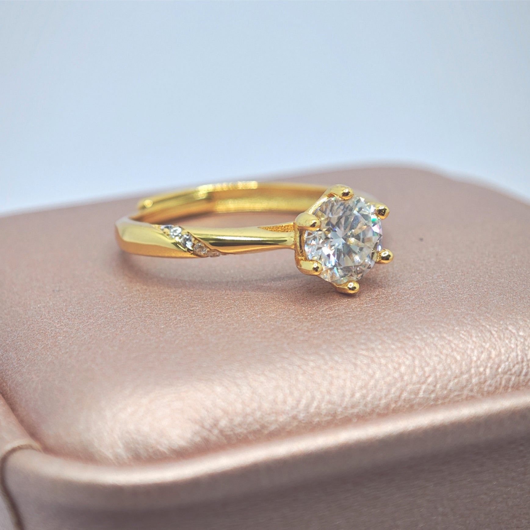 "Toujours" Aurora Six‑Prong Solitaire Ring — 18K Gold‑Plated Sterling, Moissanite