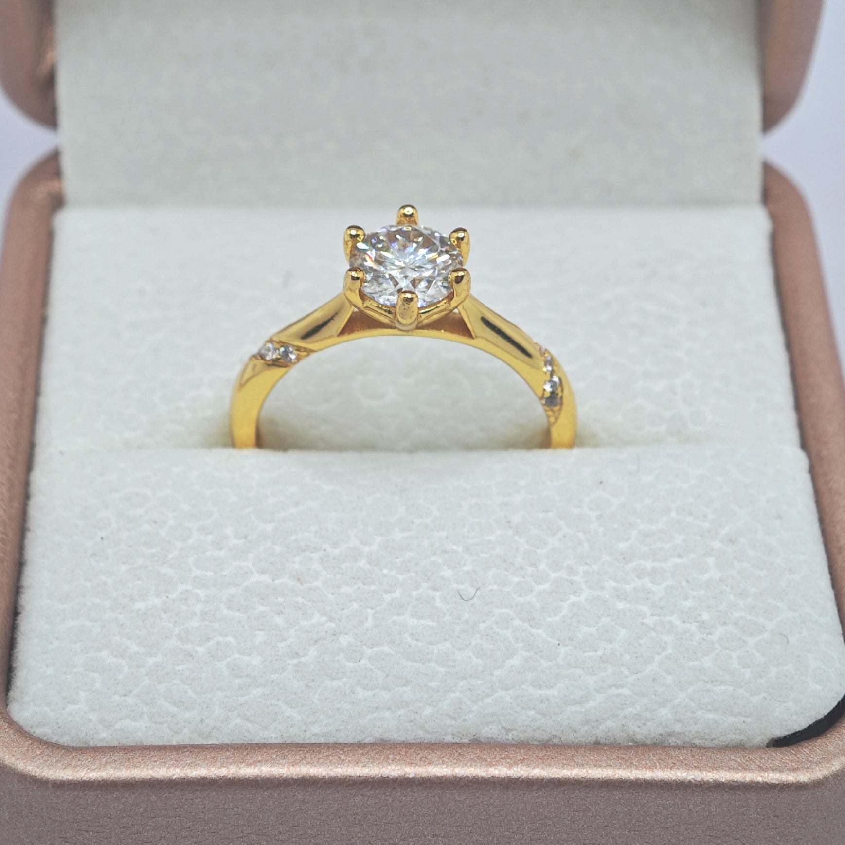 "Toujours" Aurora Six‑Prong Solitaire Ring — 18K Gold‑Plated Sterling, Moissanite