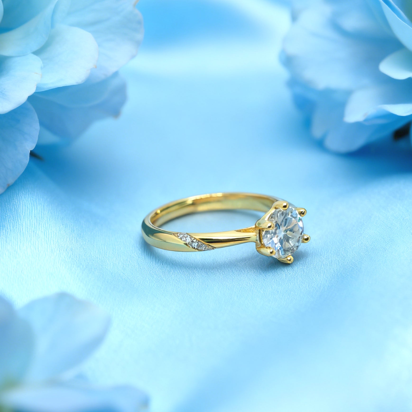 "Toujours" Aurora Six‑Prong Solitaire Ring — 18K Gold‑Plated Sterling, Moissanite