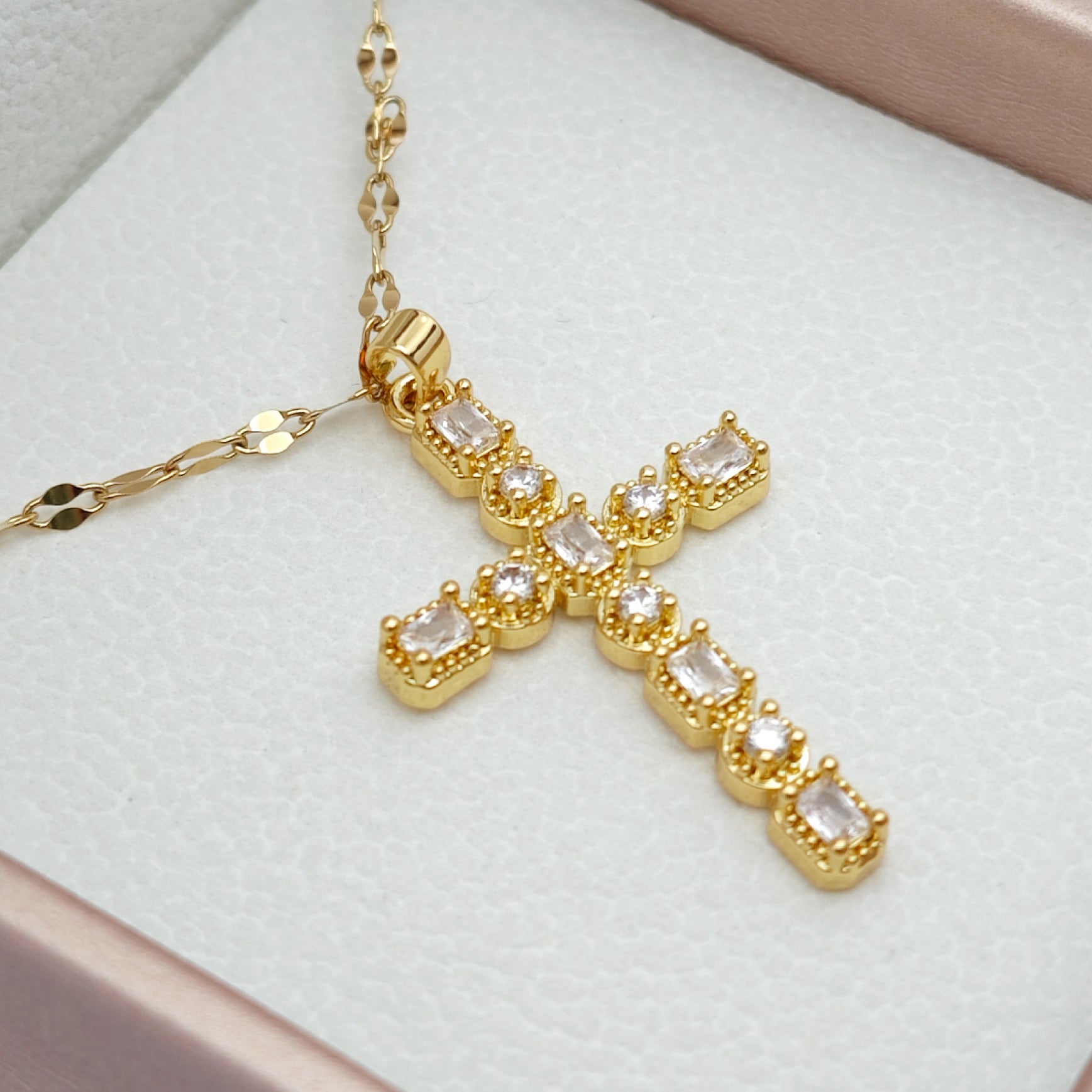 “Étreinte” Pavé Heirloom Cross Pendant Necklace — 18K Gold‑Plated, Diamond‑Style