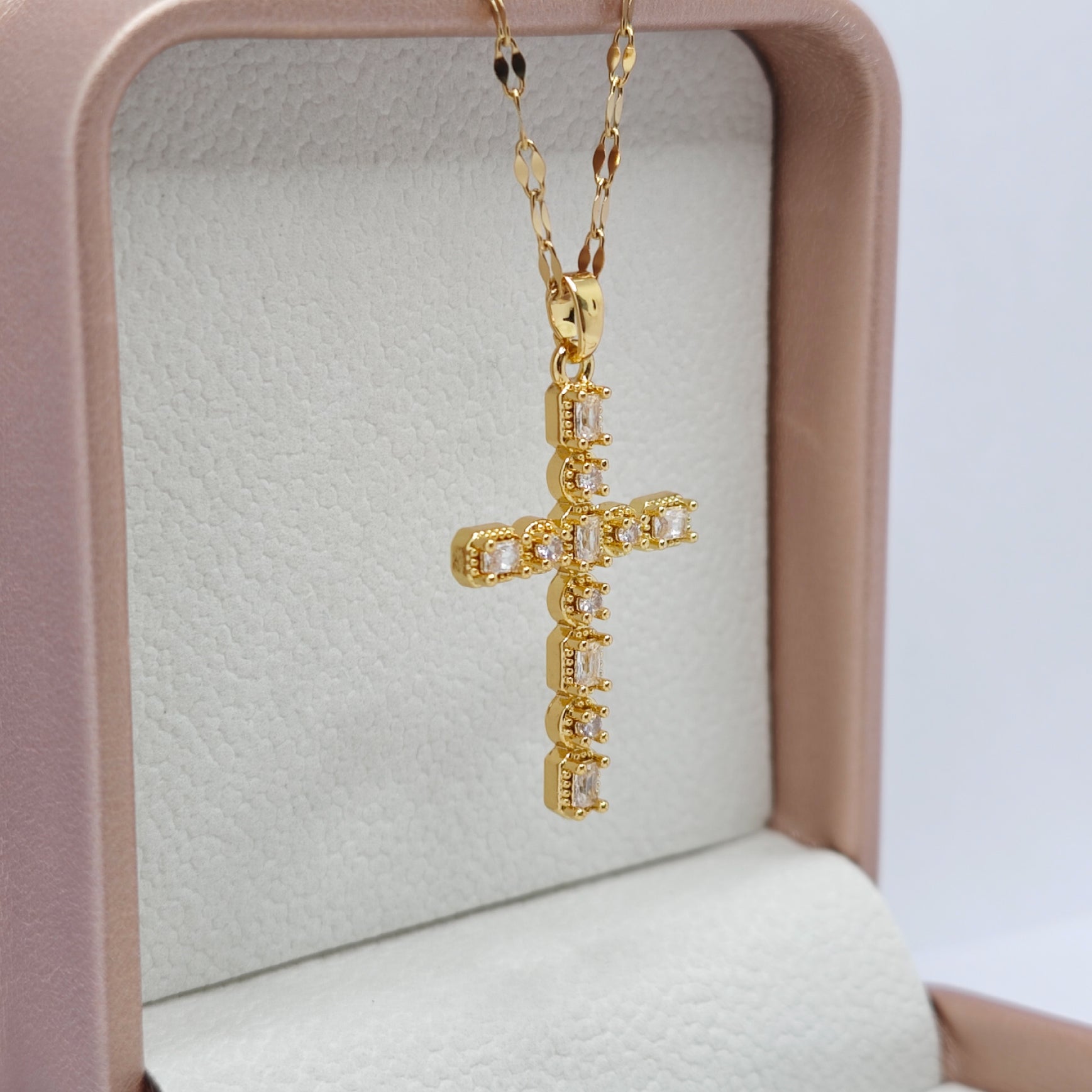 “Étreinte” Pavé Heirloom Cross Pendant Necklace — 18K Gold‑Plated, Diamond‑Style