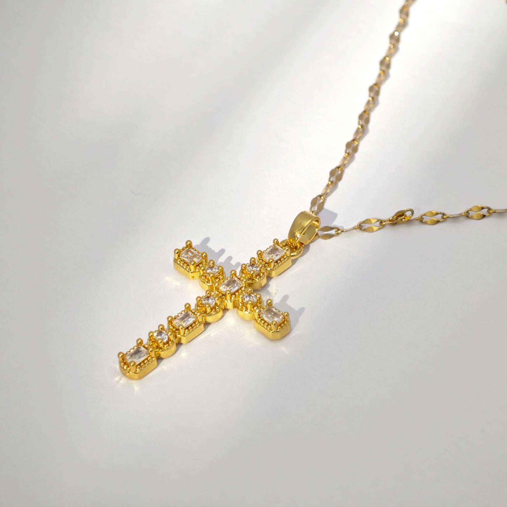 “Étreinte” Pavé Heirloom Cross Pendant Necklace — 18K Gold‑Plated, Diamond‑Style