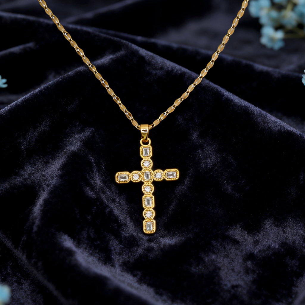 “Étreinte” Pavé Heirloom Cross Pendant Necklace — 18K Gold‑Plated, Diamond‑Style