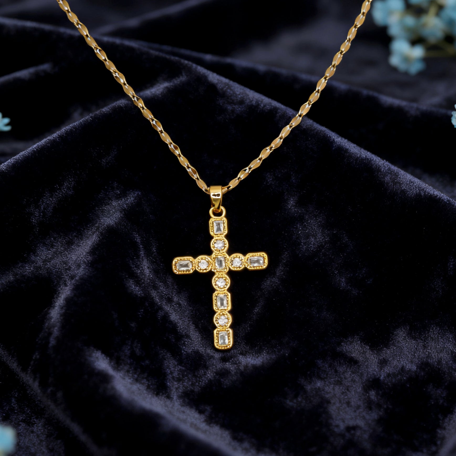 “Étreinte” Pavé Heirloom Cross Pendant Necklace — 18K Gold‑Plated, Diamond‑Style