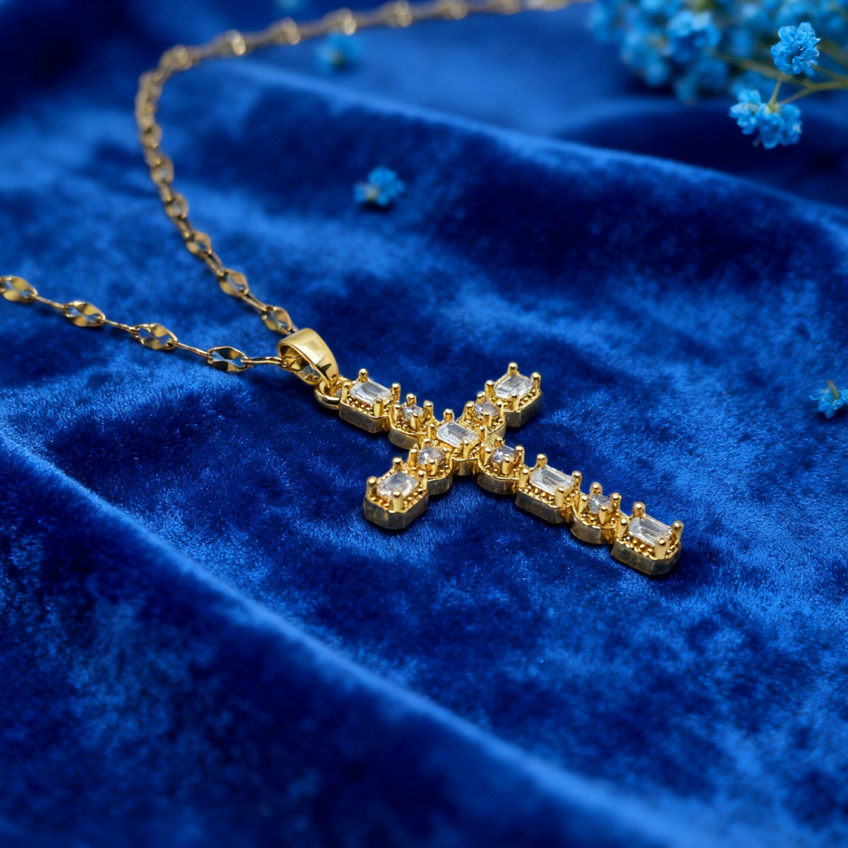 “Étreinte” Pavé Heirloom Cross Pendant Necklace — 18K Gold‑Plated, Diamond‑Style
