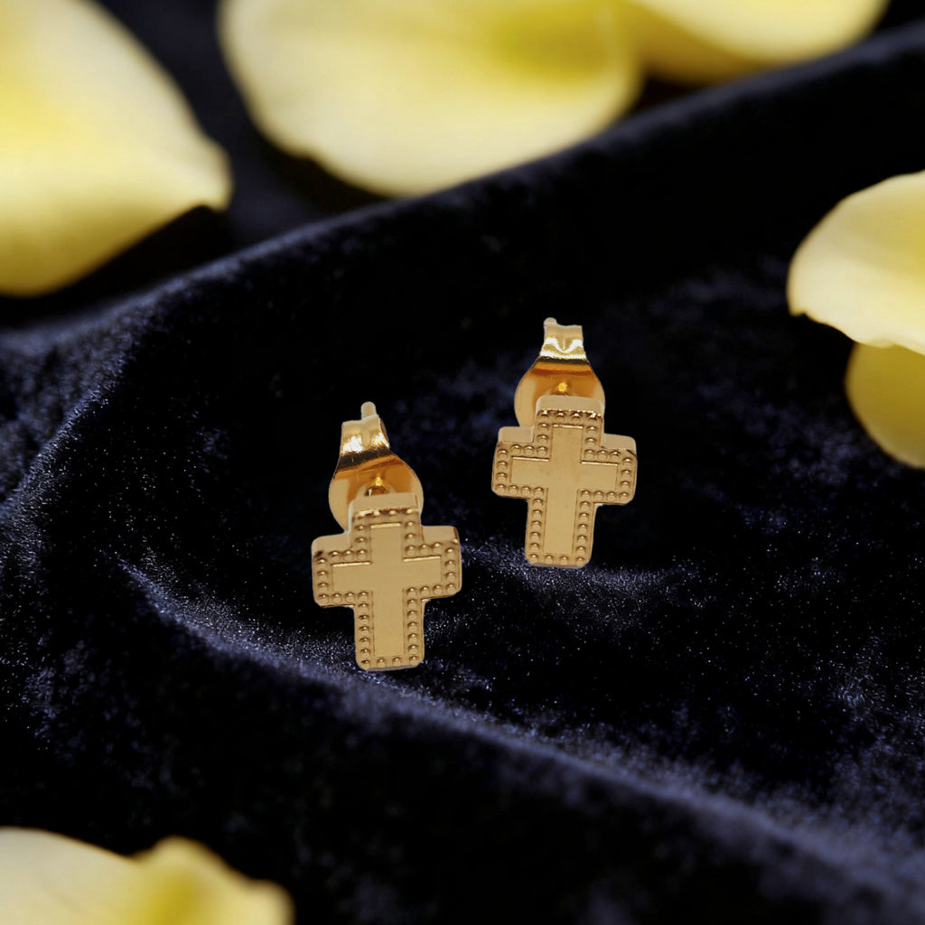 Boucles d'oreilles puces croix milgrain « Éclat » — Plaqué or 18 carats
