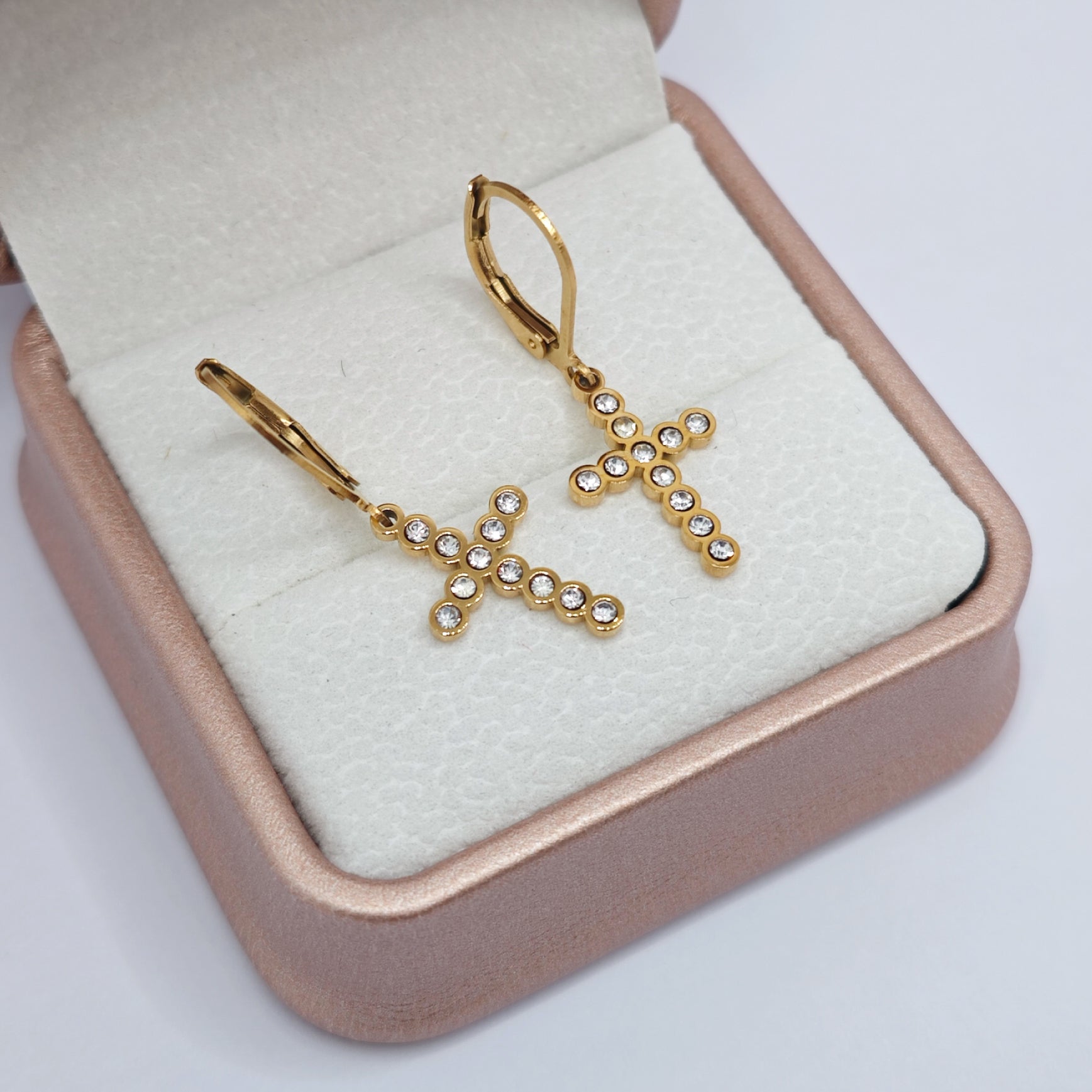 “Éclat” Bezel Pavé Cross Leverback Earrings — 18K Gold‑Plated, Diamond‑Style