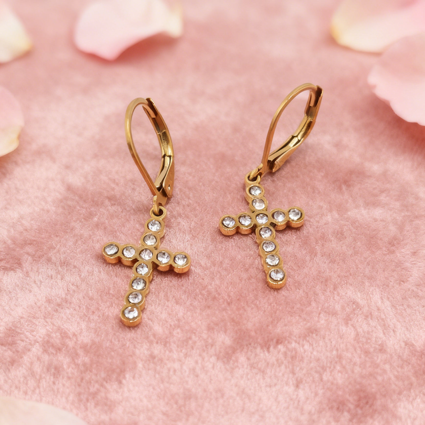 “Éclat” Bezel Pavé Cross Leverback Earrings — 18K Gold‑Plated, Diamond‑Style