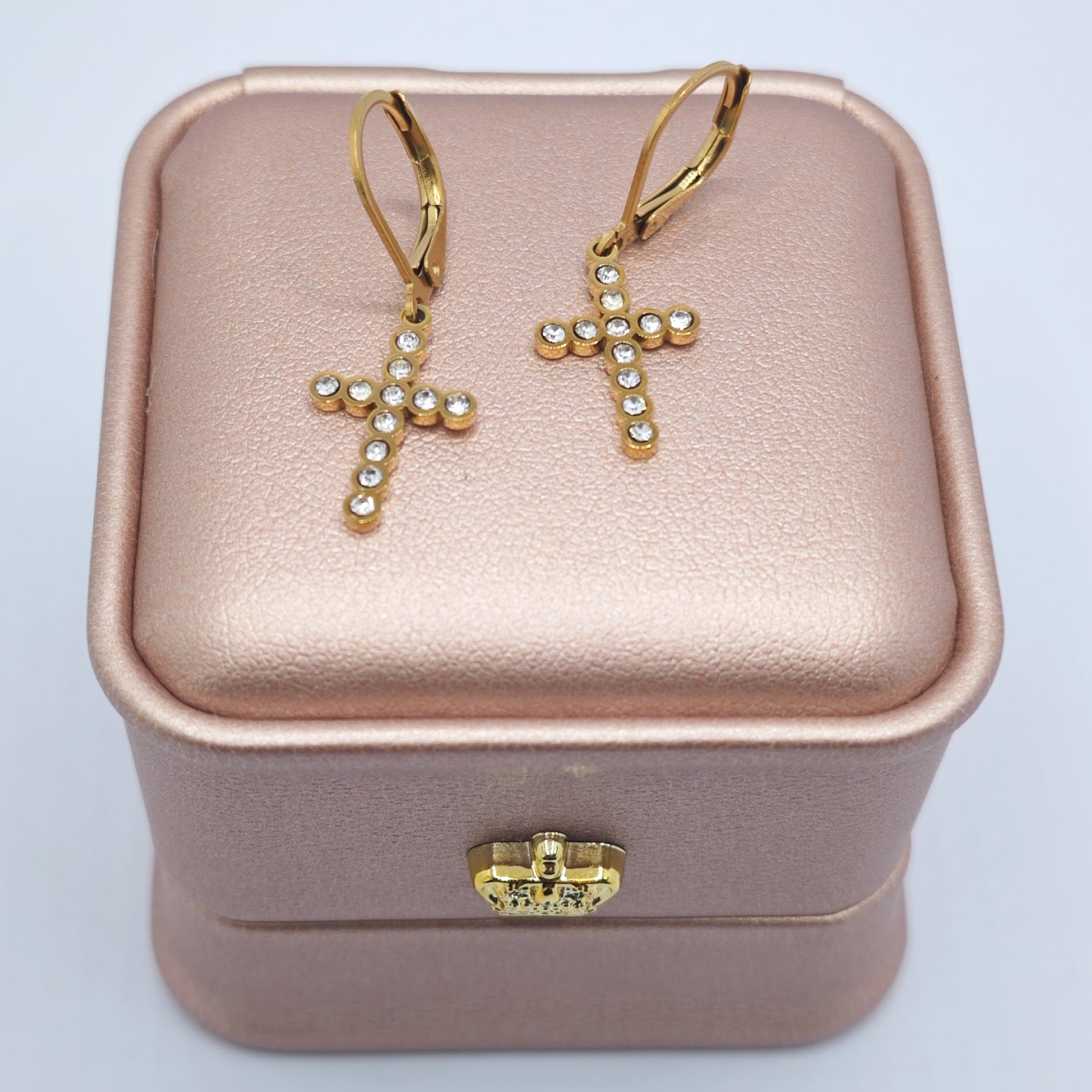 “Éclat” Bezel Pavé Cross Leverback Earrings — 18K Gold‑Plated, Diamond‑Style