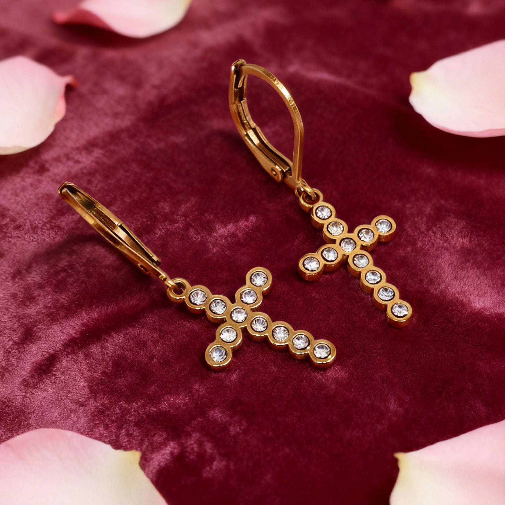 “Éclat” Bezel Pavé Cross Leverback Earrings — 18K Gold‑Plated, Diamond‑Style
