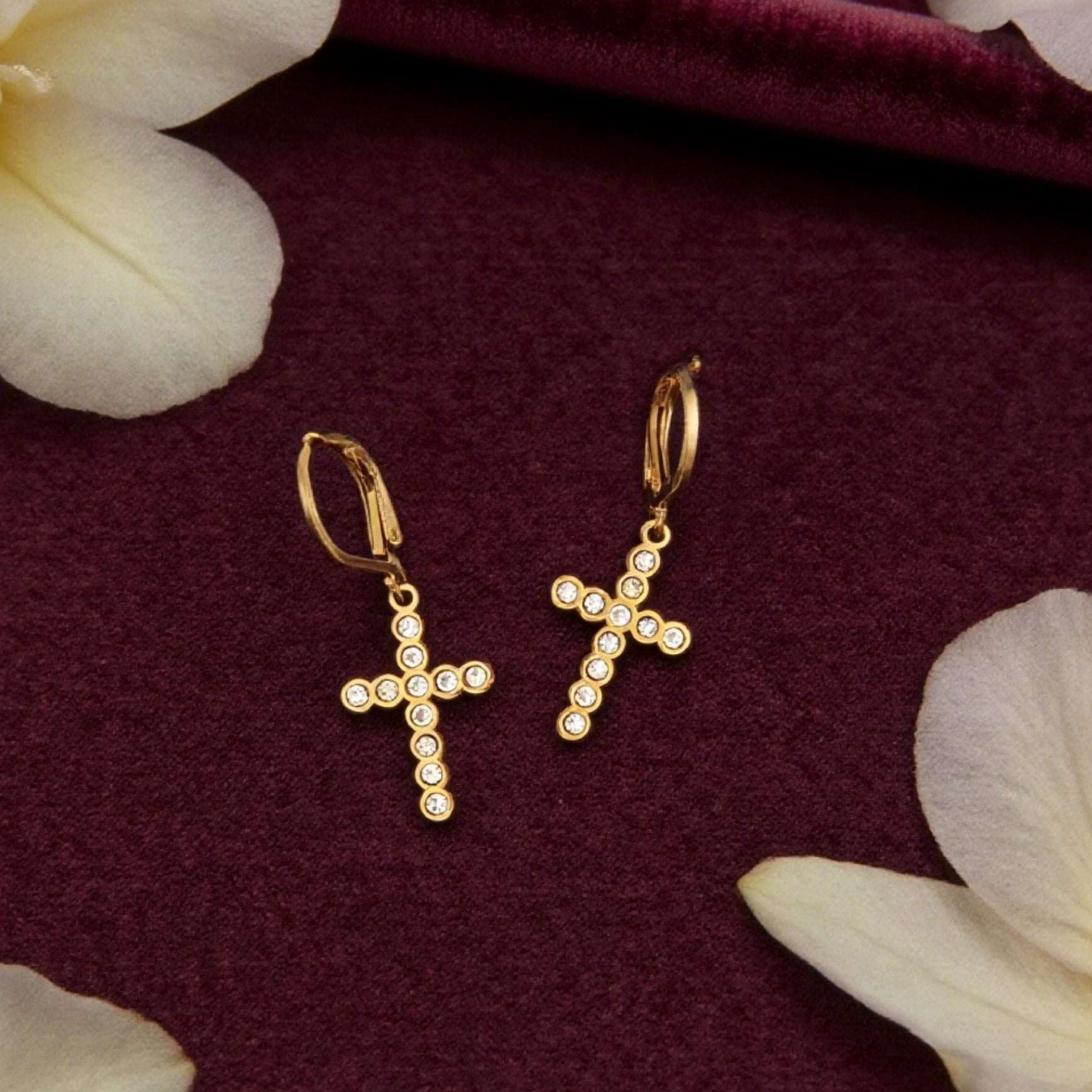 “Éclat” Bezel Pavé Cross Leverback Earrings — 18K Gold‑Plated, Diamond‑Style