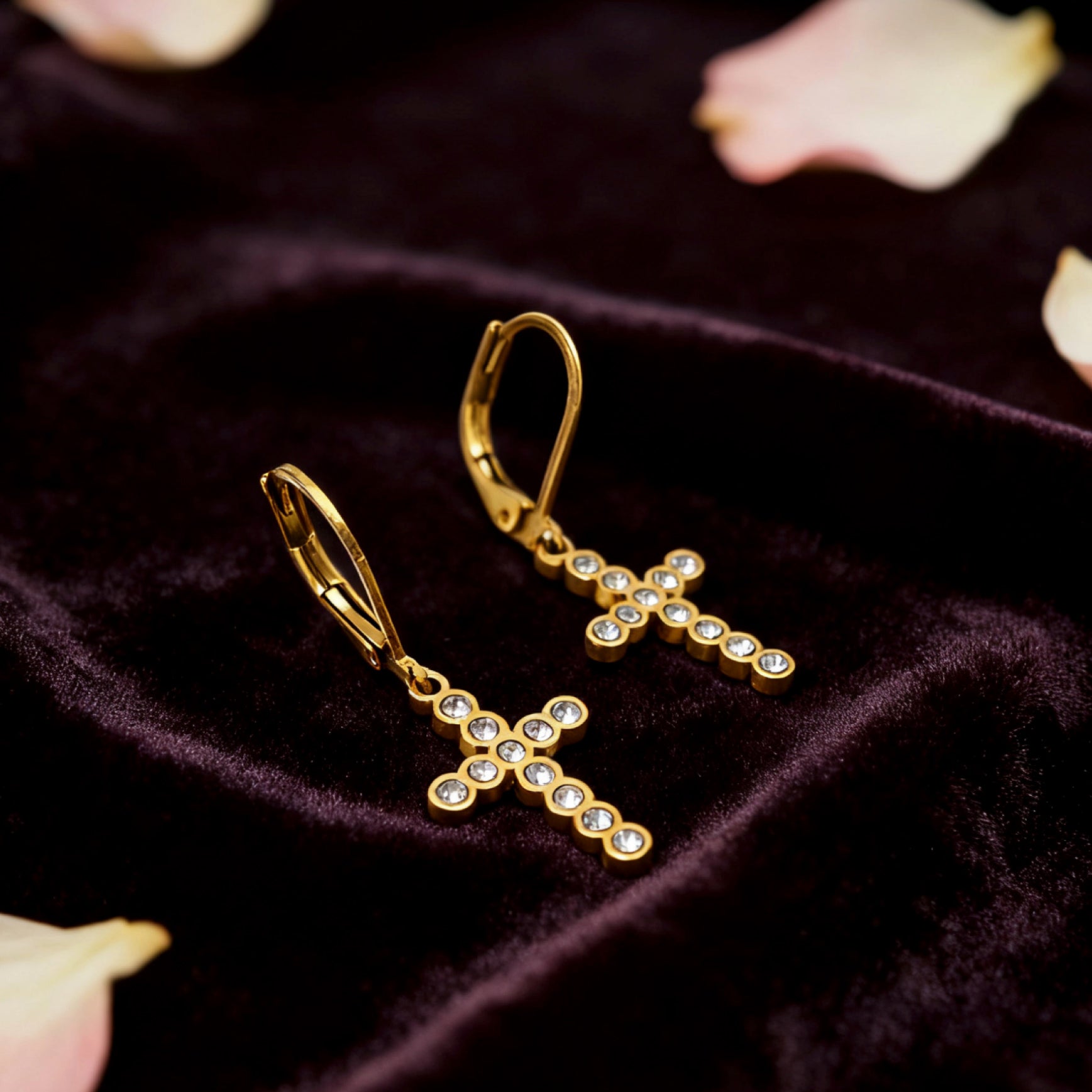 “Éclat” Bezel Pavé Cross Leverback Earrings — 18K Gold‑Plated, Diamond‑Style