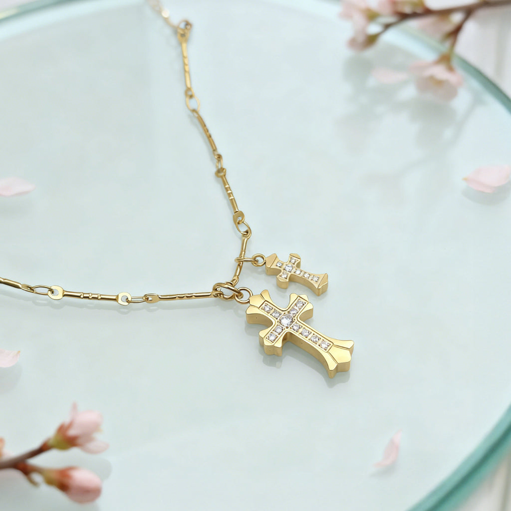 “Étreinte” Duo Cross Charm Necklace — 18K Gold‑Plated, Diamond‑Style