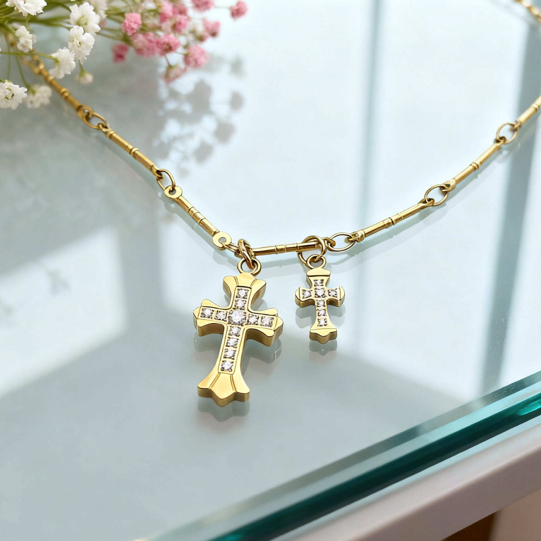 “Étreinte” Duo Cross Charm Necklace — 18K Gold‑Plated, Diamond‑Style
