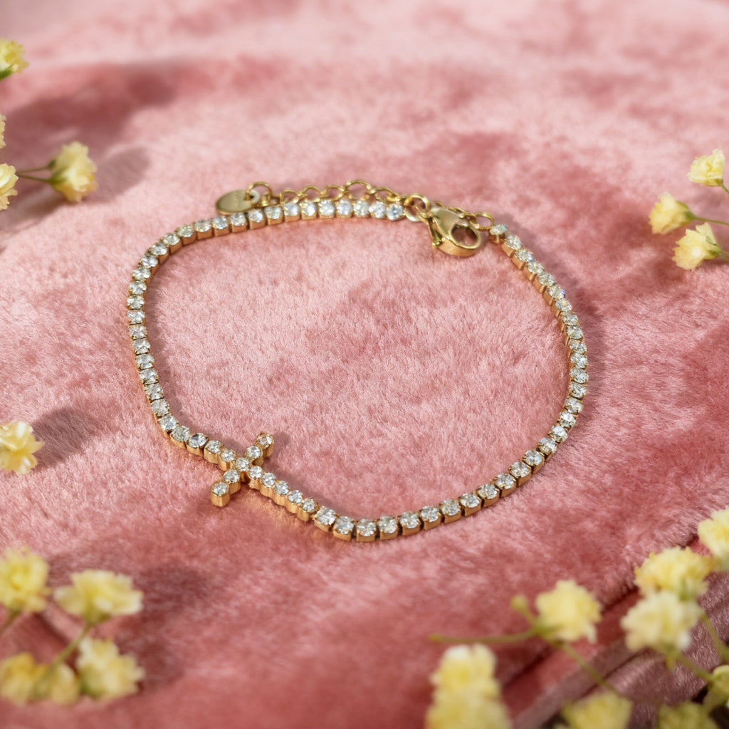 Bracelet tennis croix « Lien » — Plaqué or 18 carats, zircone cubique de haute qualité