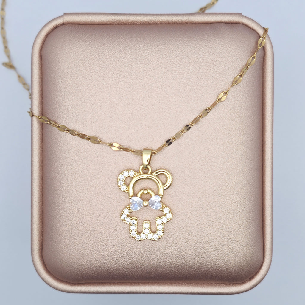 “Étreinte” Bow‑Teddy Pavé Pendant Necklace — 18K Gold‑Plated, Diamond‑Style