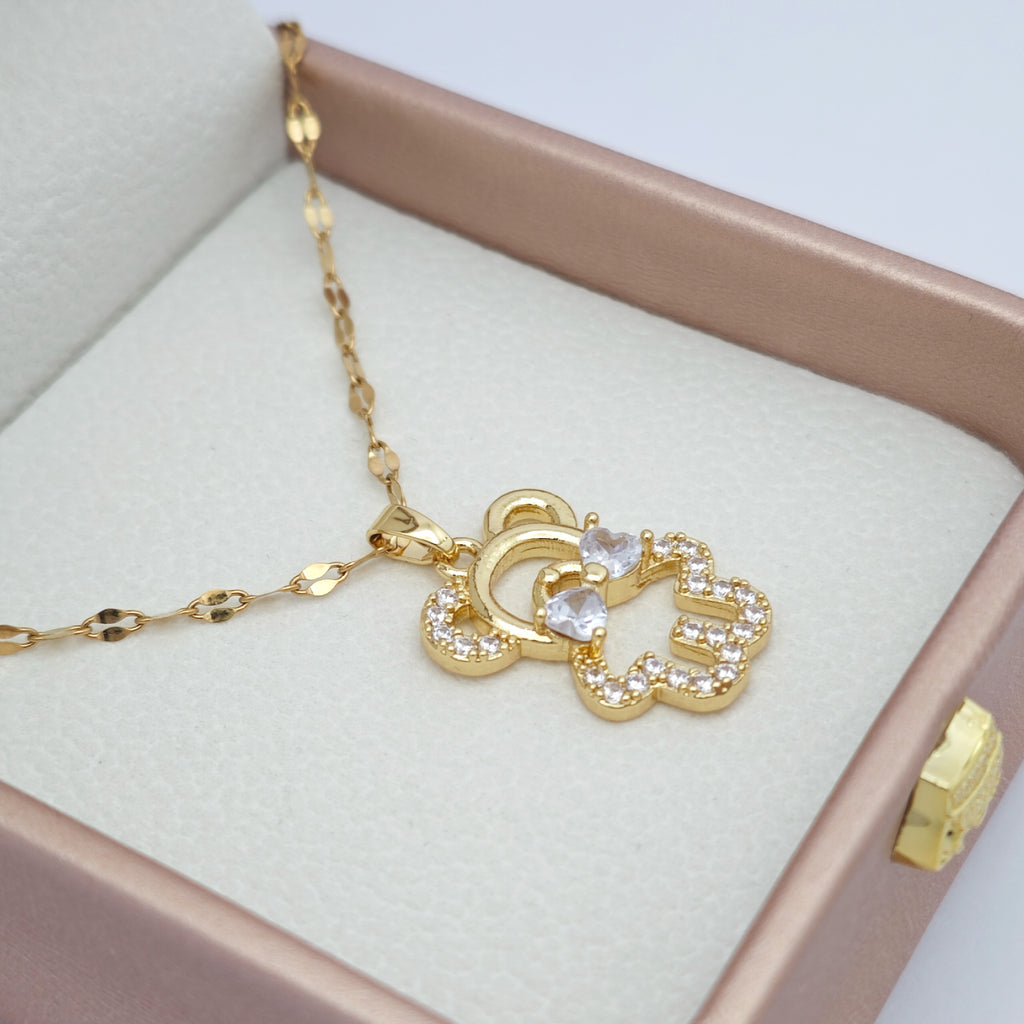 “Étreinte” Bow‑Teddy Pavé Pendant Necklace — 18K Gold‑Plated, Diamond‑Style
