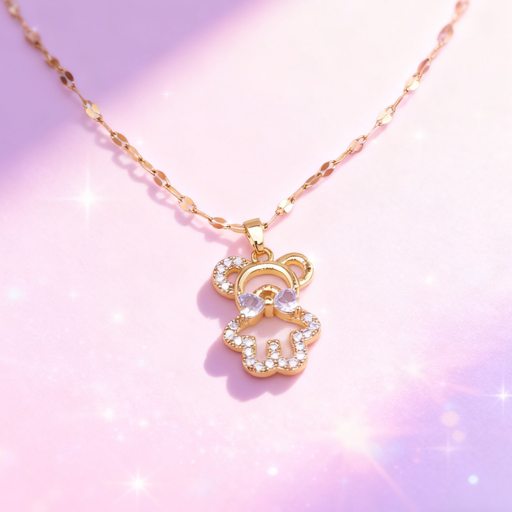 “Étreinte” Bow‑Teddy Pavé Pendant Necklace — 18K Gold‑Plated, Diamond‑Style