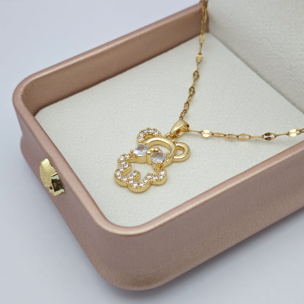 “Étreinte” Bow‑Teddy Pavé Pendant Necklace — 18K Gold‑Plated, Diamond‑Style