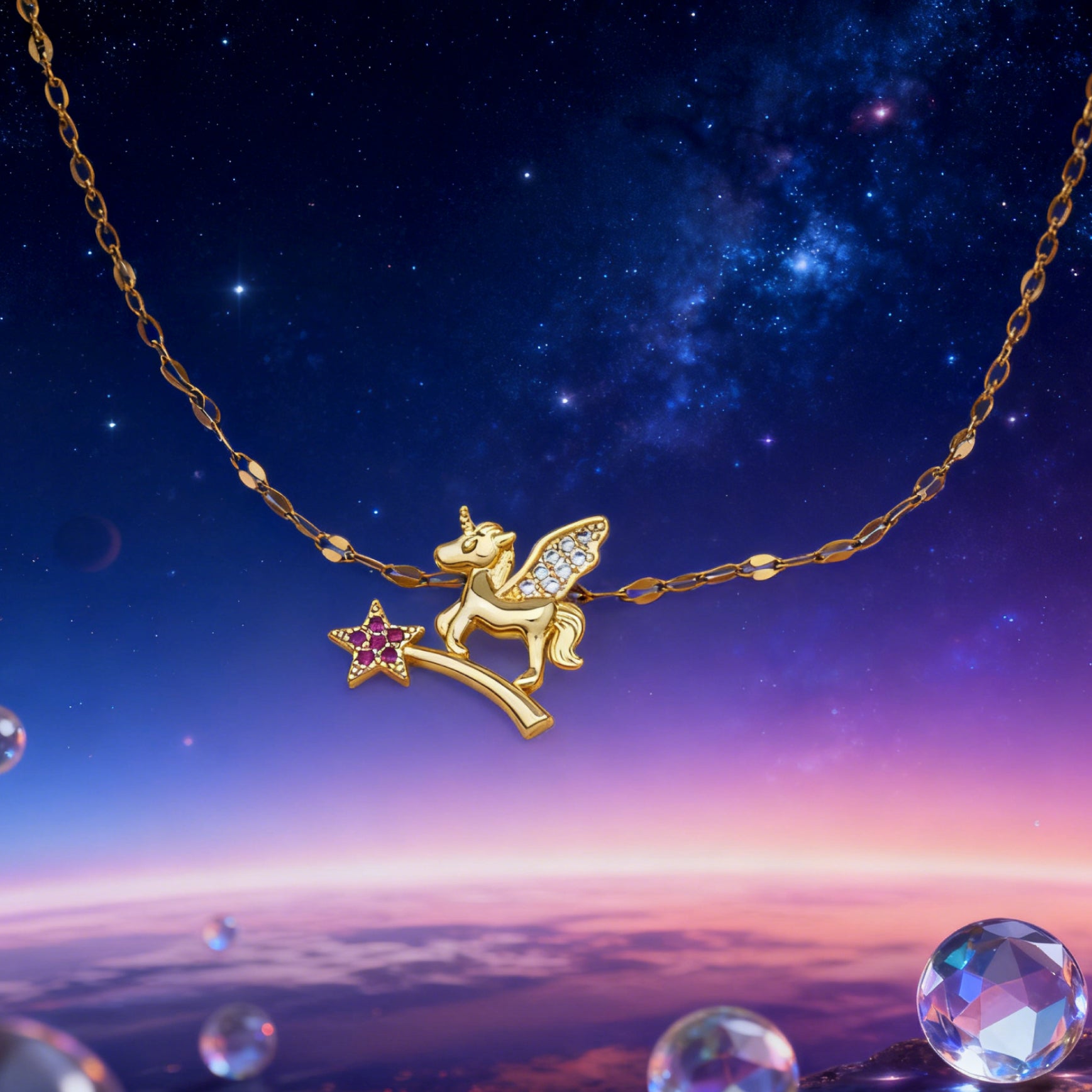 “Étreinte” Stardust Pegasus Pendant Necklace — 18K Gold‑Plated, Diamond‑Style