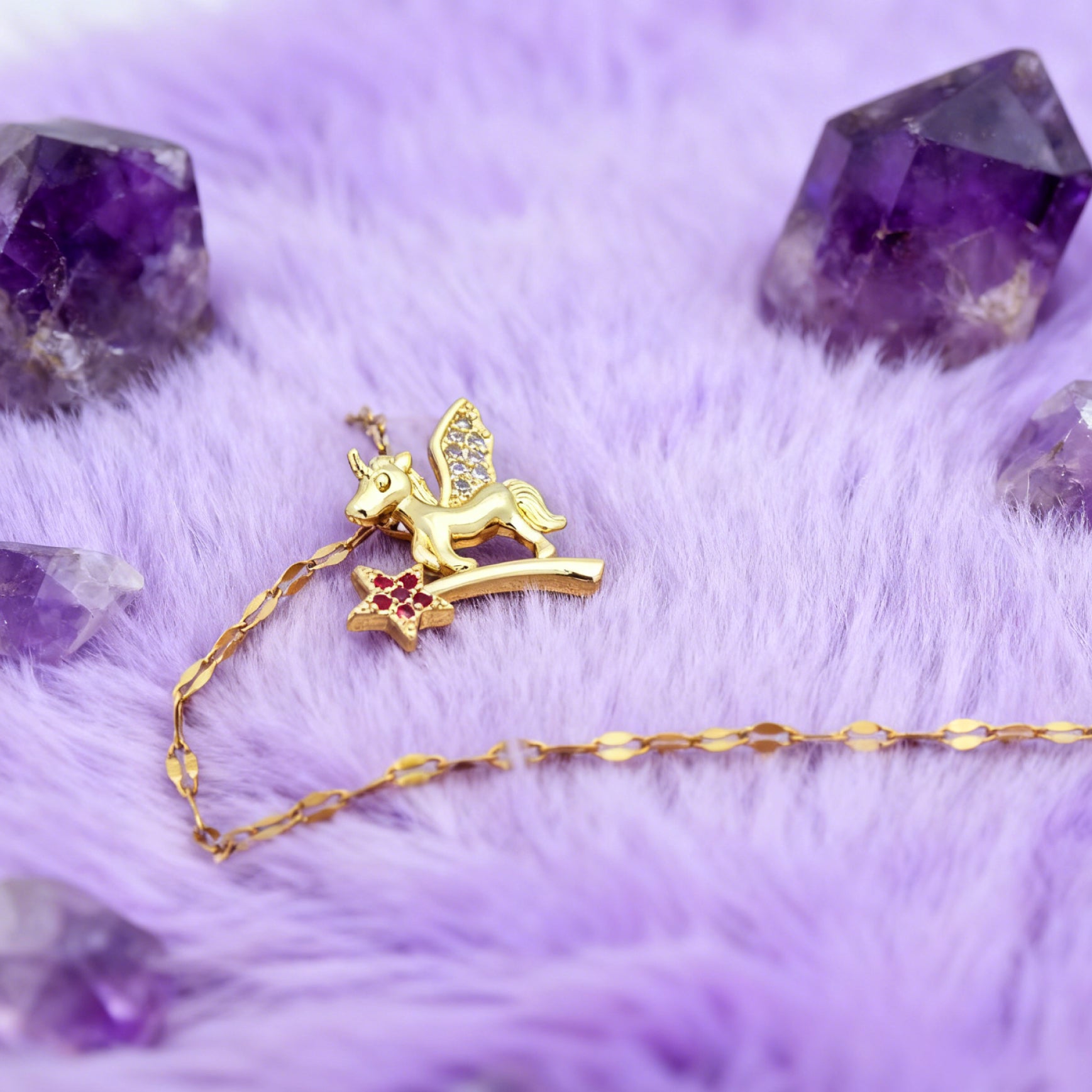 “Étreinte” Stardust Pegasus Pendant Necklace — 18K Gold‑Plated, Diamond‑Style