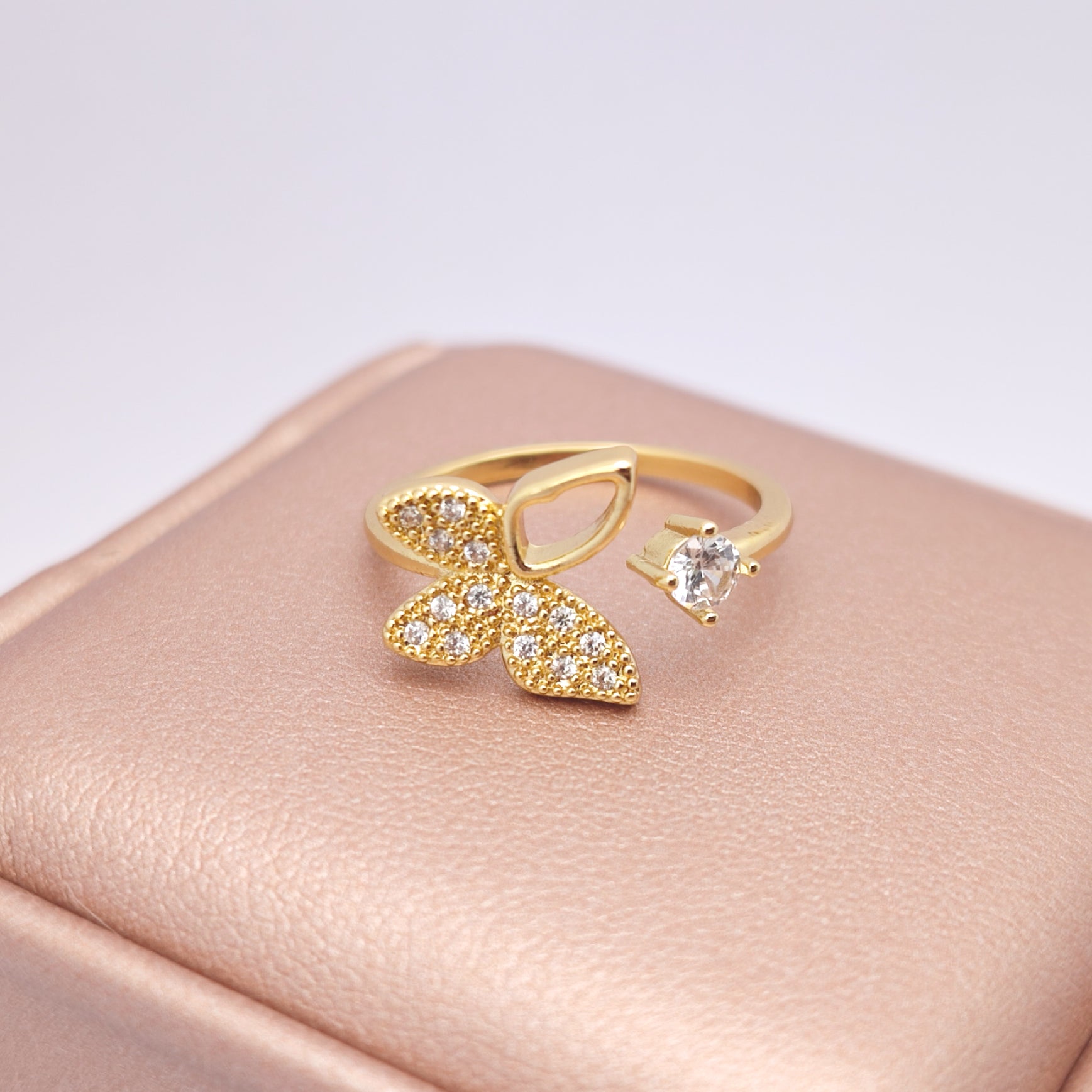 "Toujours" Geo-Petal Open Ring — 18K Gold‑Plated, Pavé Cubic Zircon