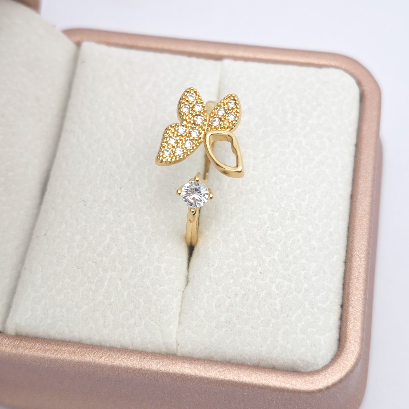"Toujours" Geo-Petal Open Ring — 18K Gold‑Plated, Pavé Cubic Zircon